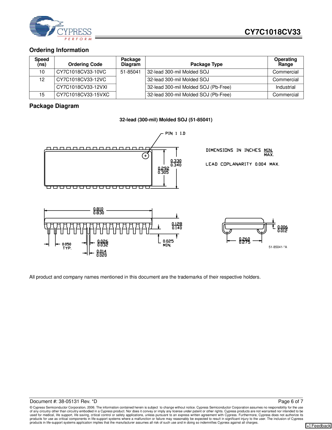 Cypress CY7C1018CV33 manual Ordering Information, Package Diagram, Lead 300-mil Molded SOJ 