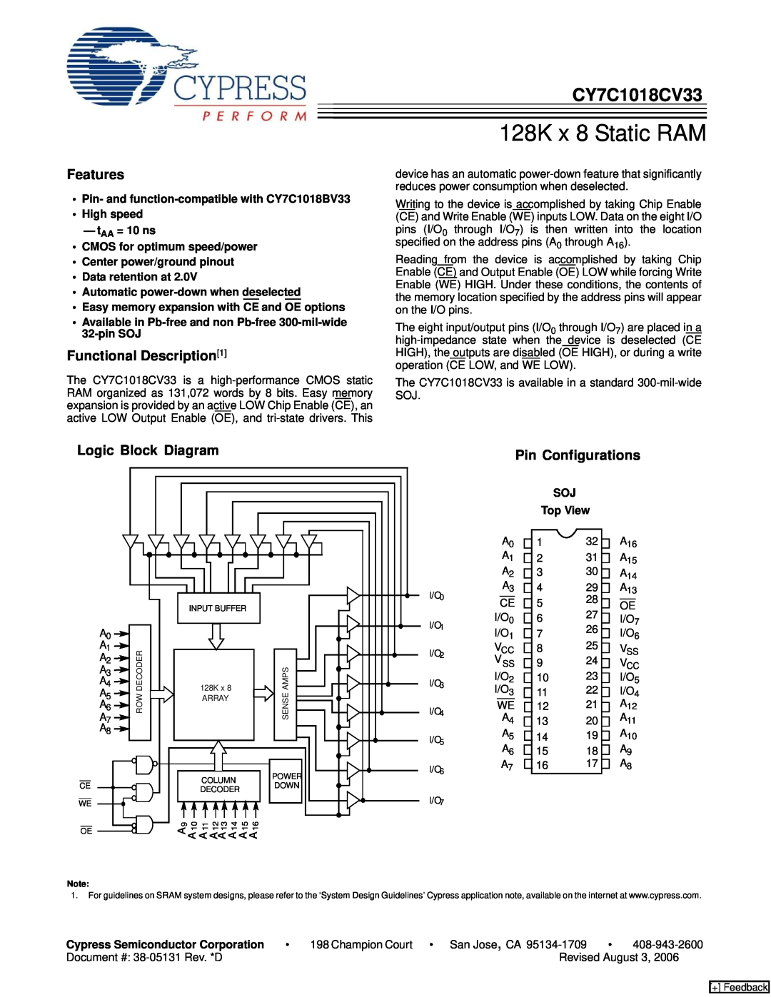 Cypress CY7C1018CV33 manual Features, Functional Description1, Logic Block Diagram, Pin Configurations, Top View 