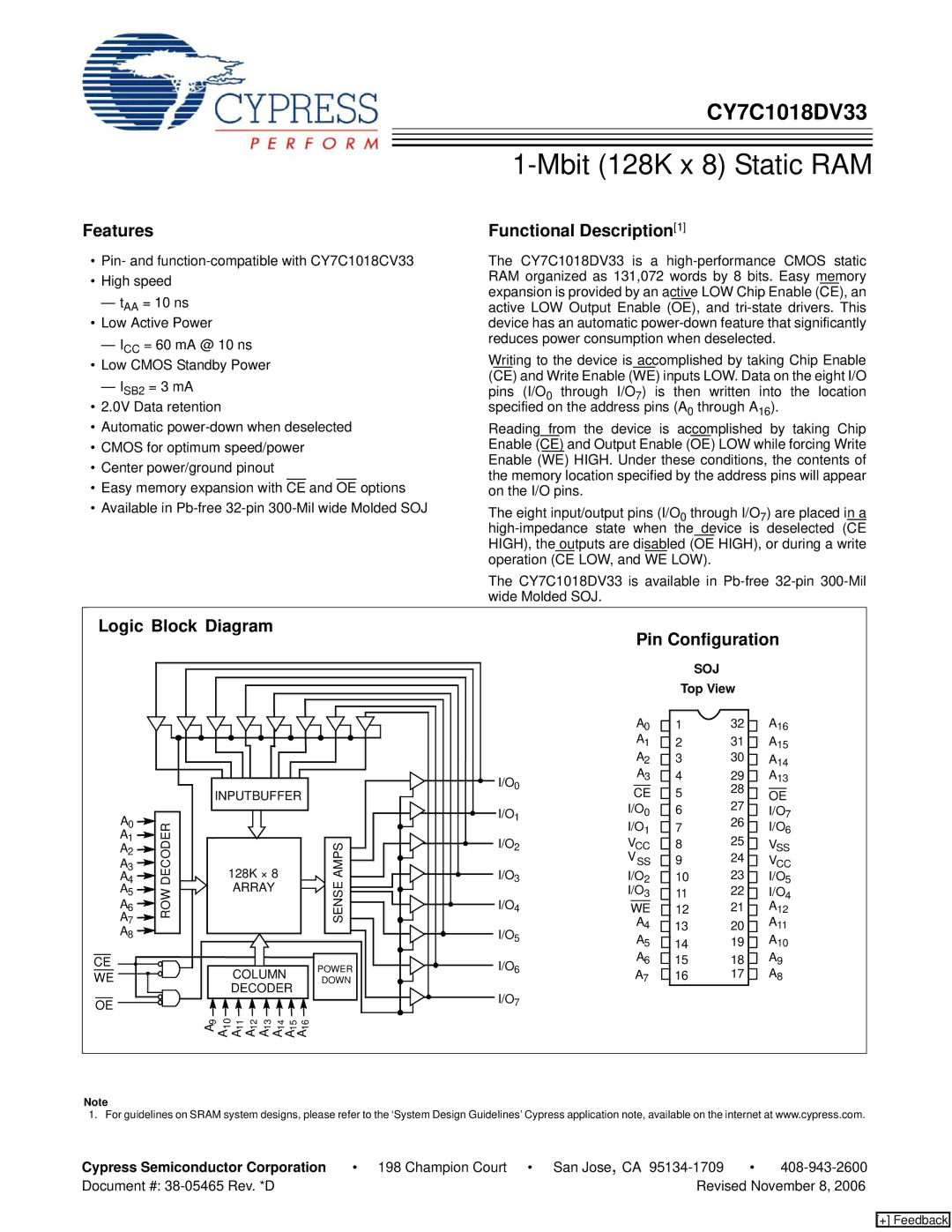 Cypress CY7C1018DV33 manual Features, Functional Description1, Logic Block Diagram, Cypress Semiconductor Corporation 