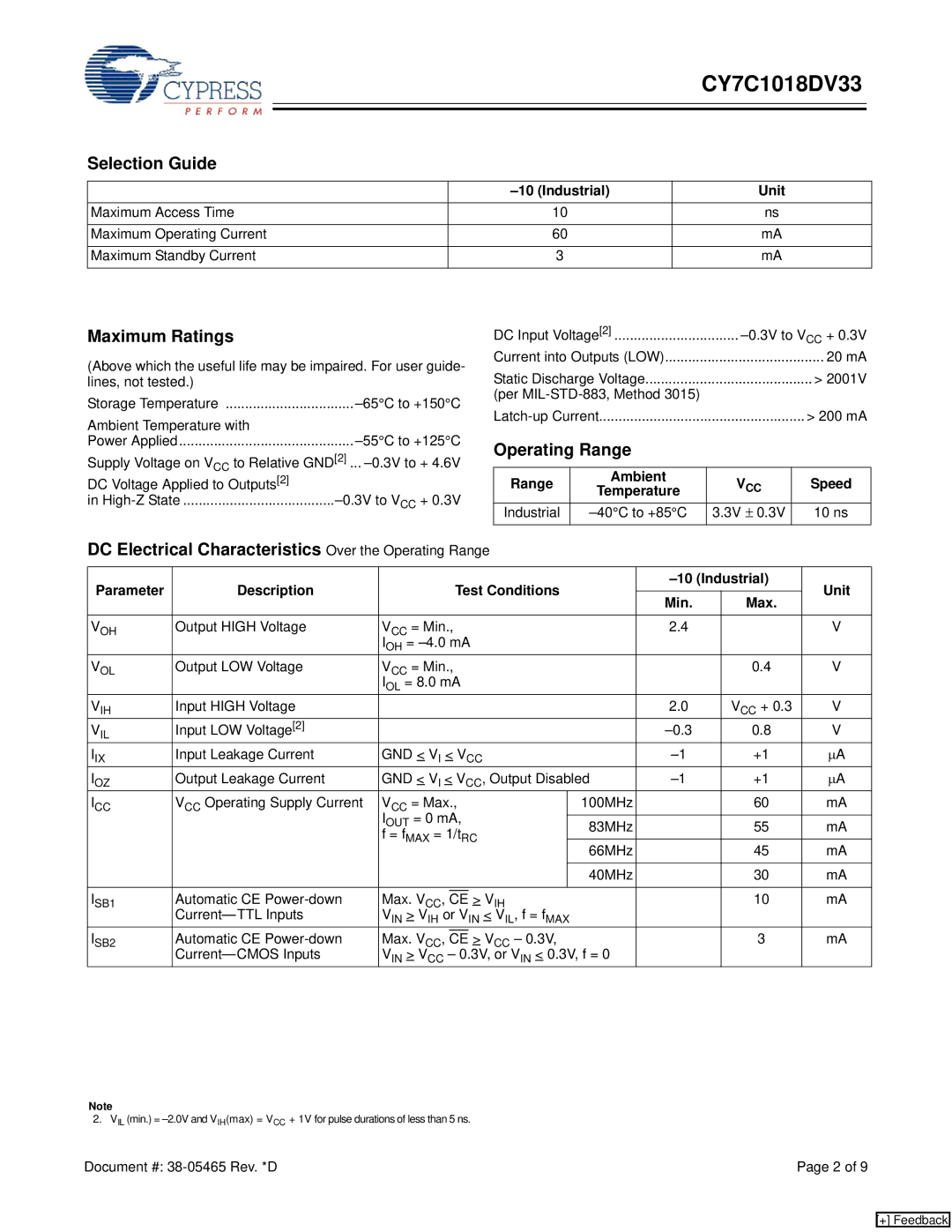 Cypress CY7C1018DV33 manual Selection Guide, Maximum Ratings, Operating Range 