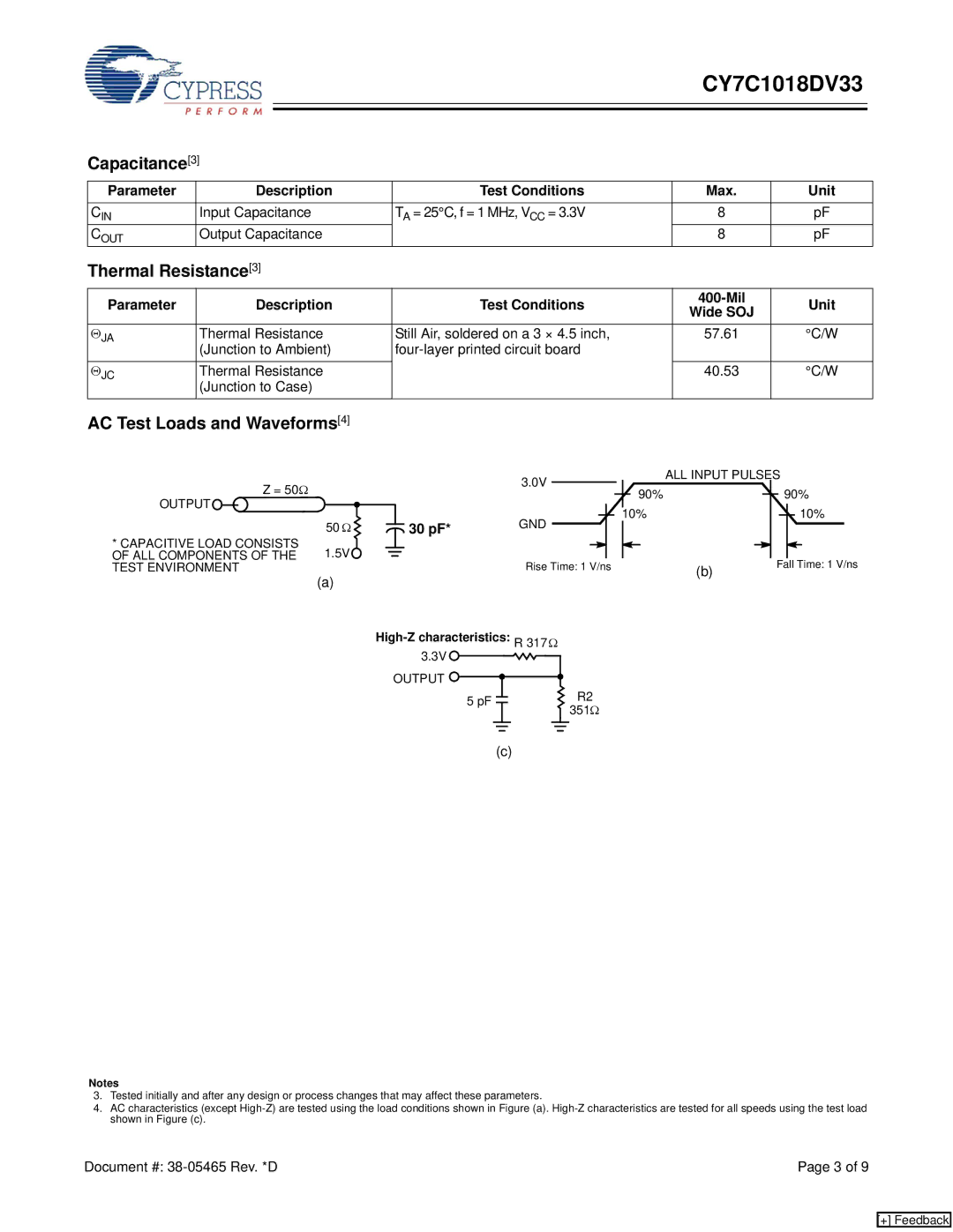 Cypress CY7C1018DV33 manual Capacitance3, Thermal Resistance3, AC Test Loads and Waveforms4 