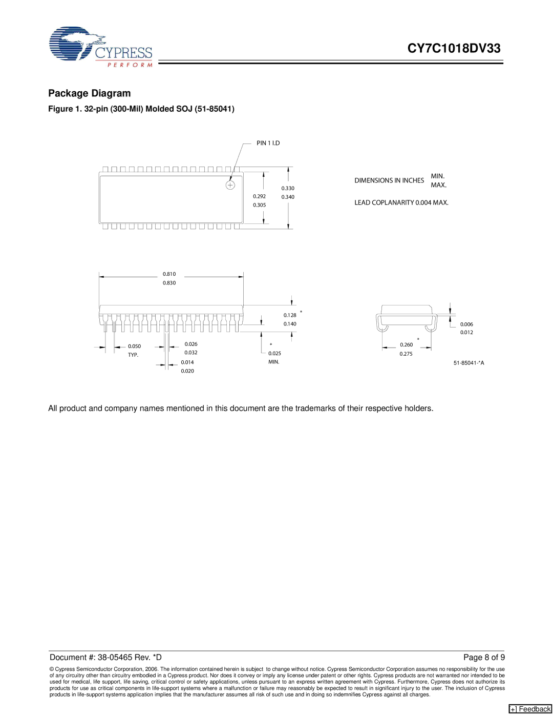 Cypress CY7C1018DV33 manual Package Diagram, Pin 300-Mil Molded SOJ 