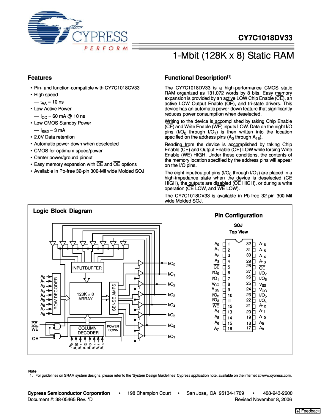 Cypress CY7C1018DV33 manual Features, Functional Description1, Logic Block Diagram, Pin Configuration 