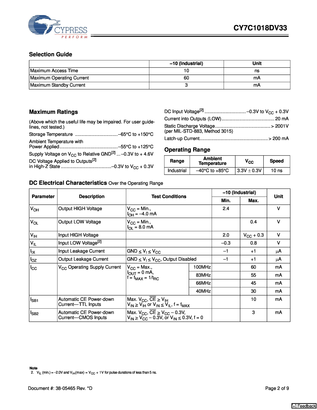 Cypress CY7C1018DV33 manual Selection Guide, Maximum Ratings, Operating Range 