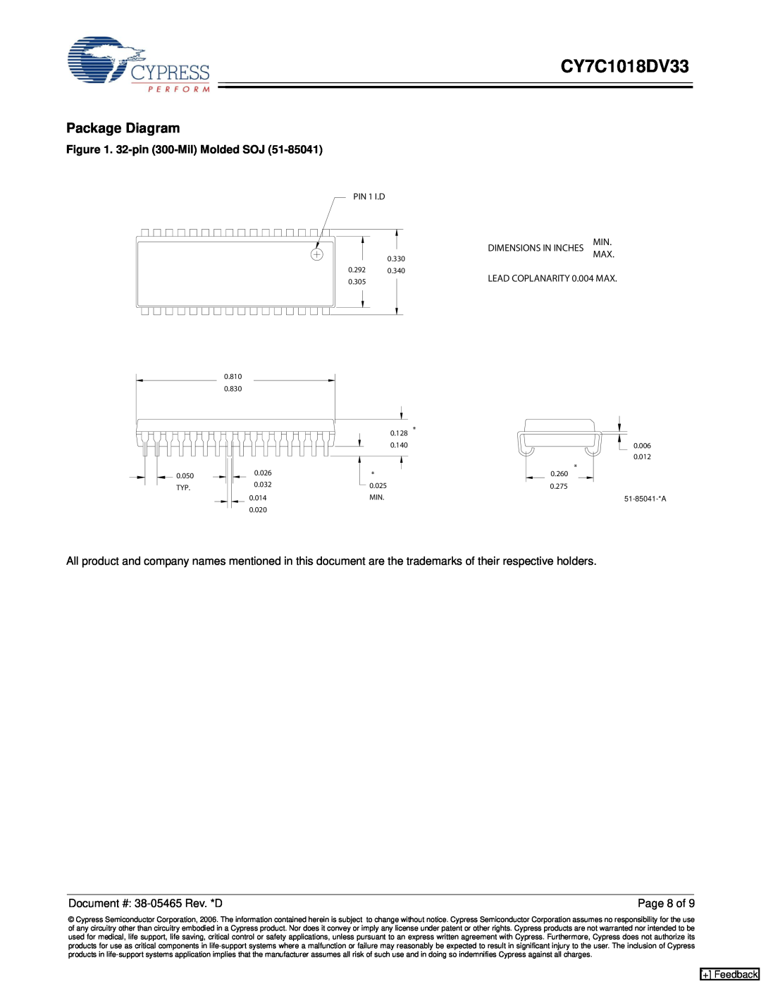 Cypress CY7C1018DV33 manual Package Diagram, 32-pin 300-Mil Molded SOJ, + Feedback, PIN 1 I.D 