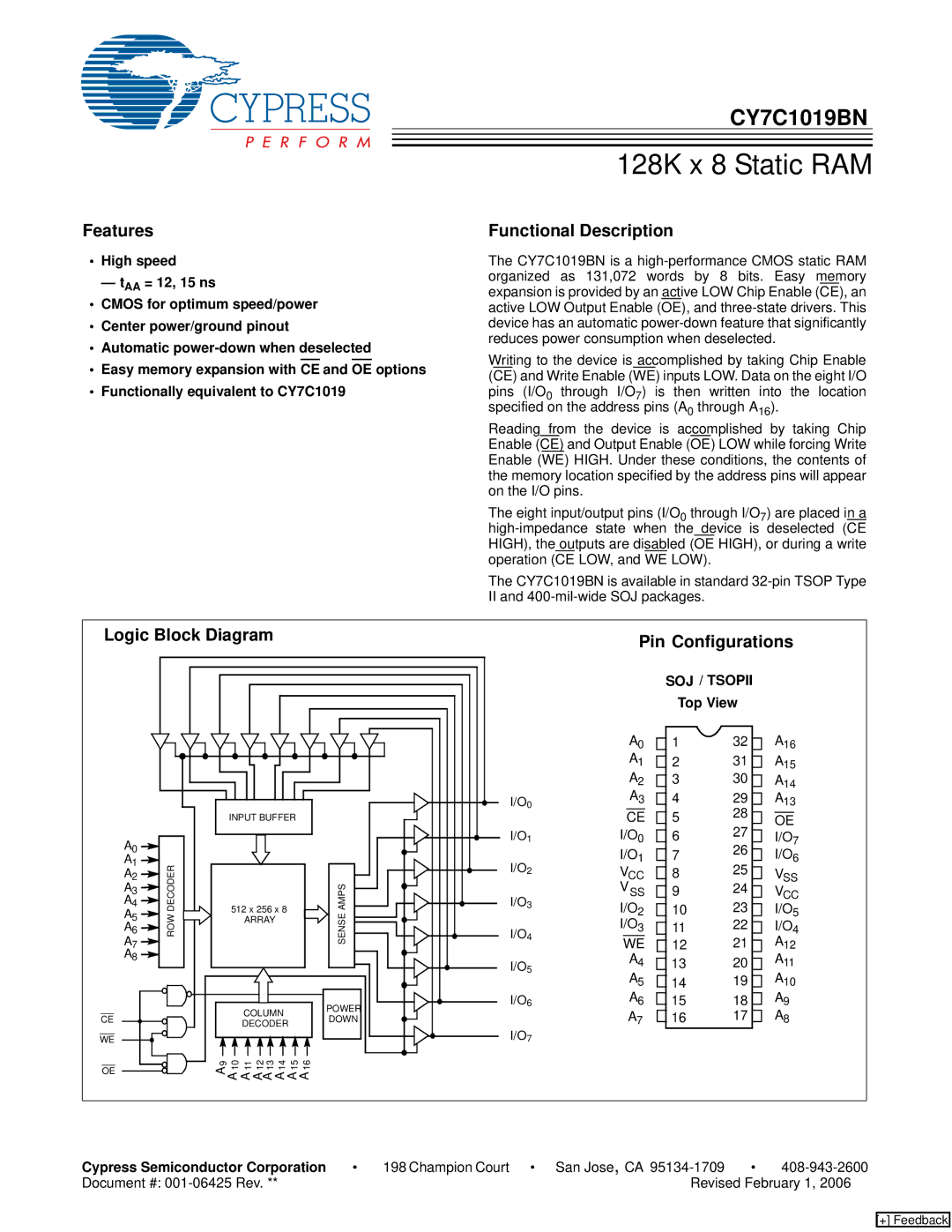 Cypress CY7C1019BN manual Features, Functional Description, Logic Block Diagram Pin Configurations, Top View 