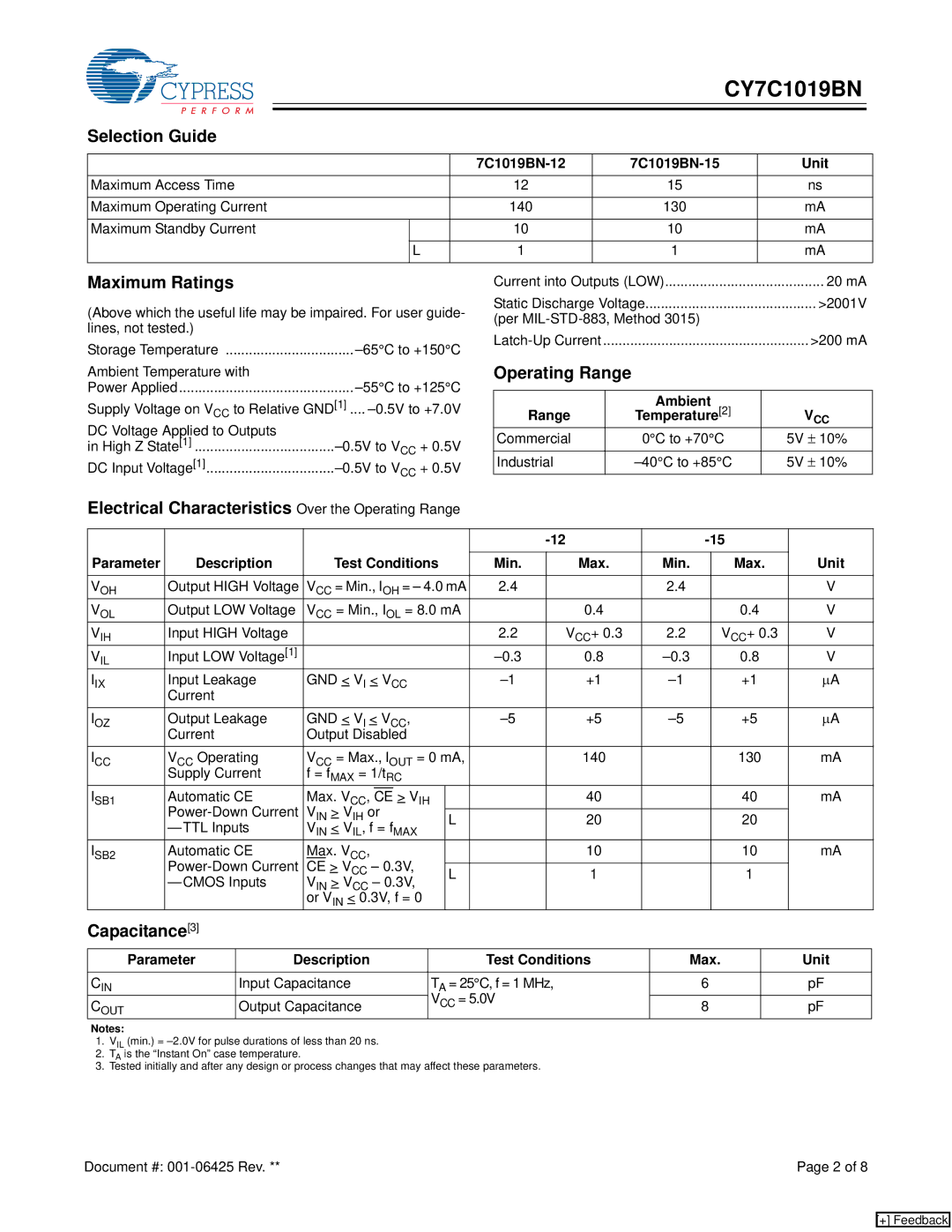 Cypress CY7C1019BN Selection Guide, Maximum Ratings, Electrical Characteristics Over the Operating Range, Capacitance3 