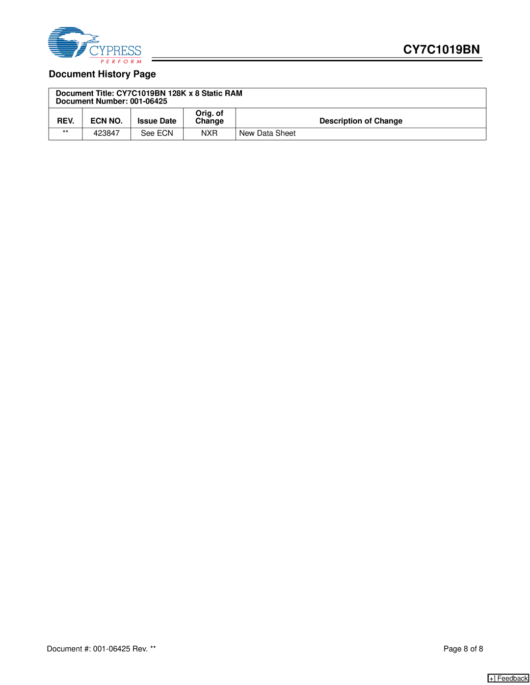 Cypress CY7C1019BN manual Document History, Issue Date Orig. Description of Change 423847, New Data Sheet 