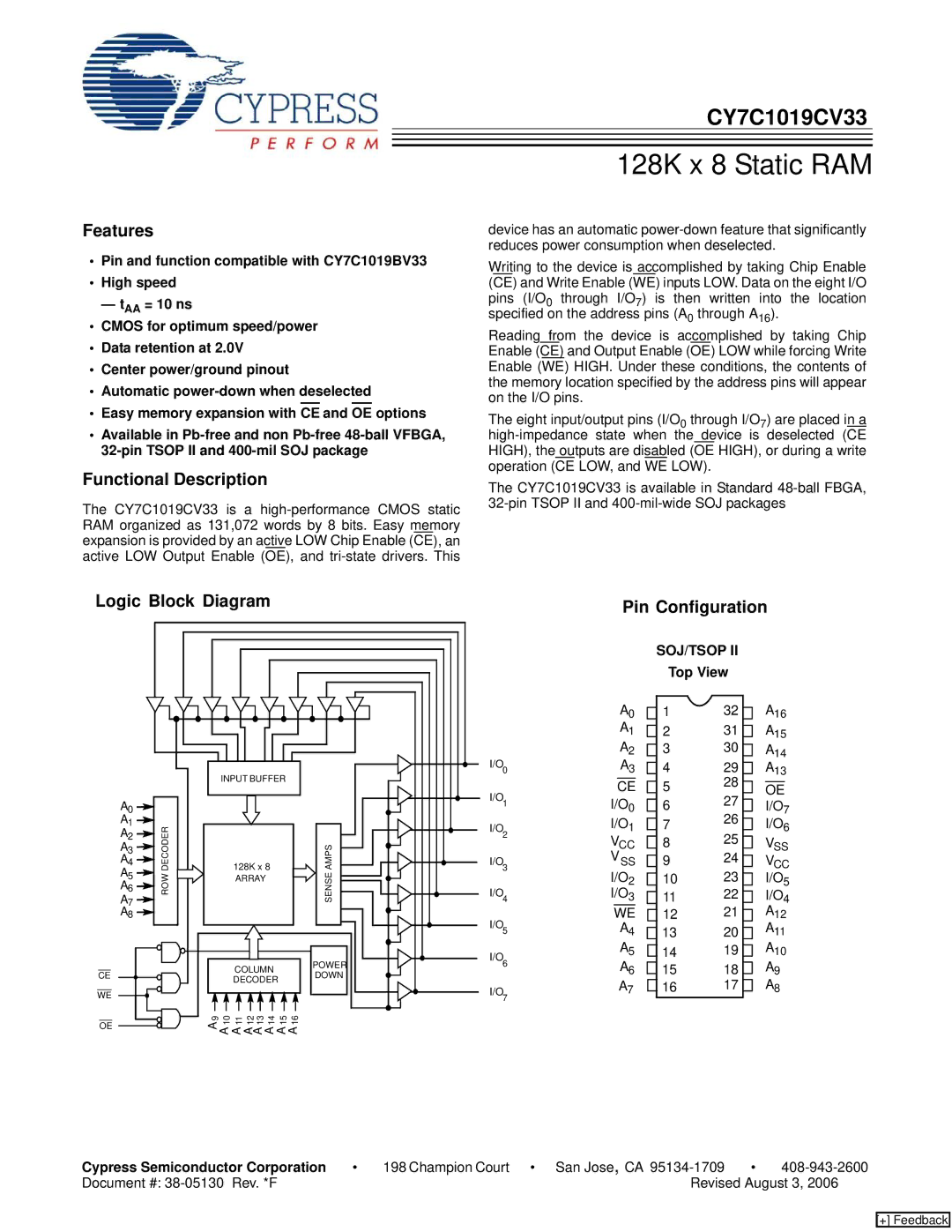 Cypress CY7C1019CV33 manual Features, Functional Description, Logic Block Diagram, Pin Configuration 