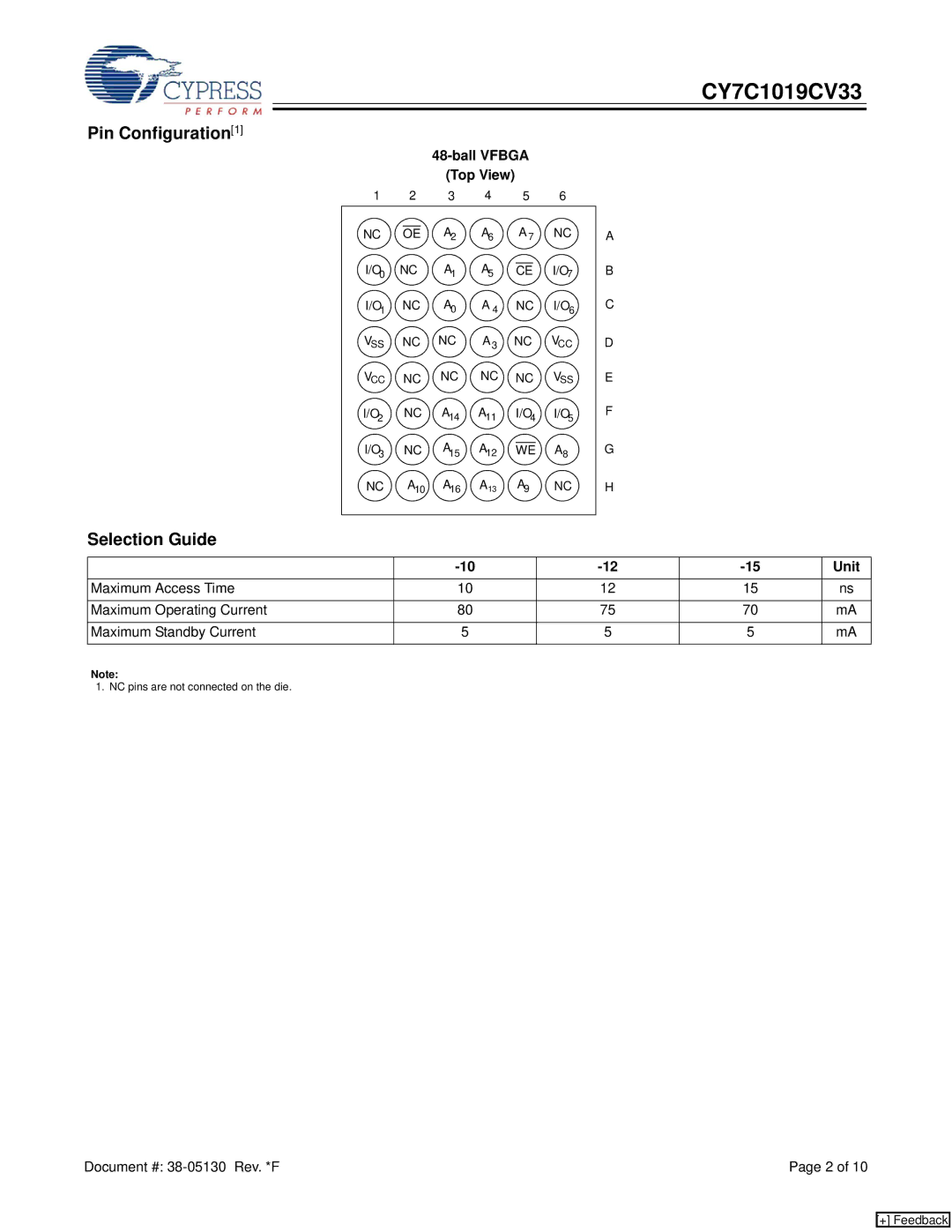 Cypress CY7C1019CV33 manual Pin Configuration1 Selection Guide, Ball Vfbga Top View, Unit 