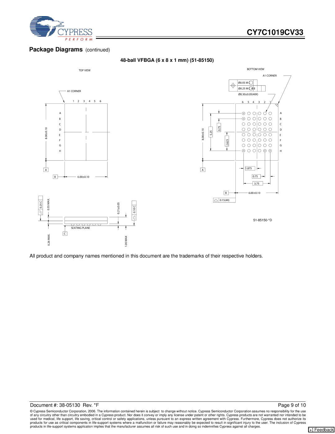 Cypress CY7C1019CV33 manual Ball Vfbga 6 x 8 x 1 mm 