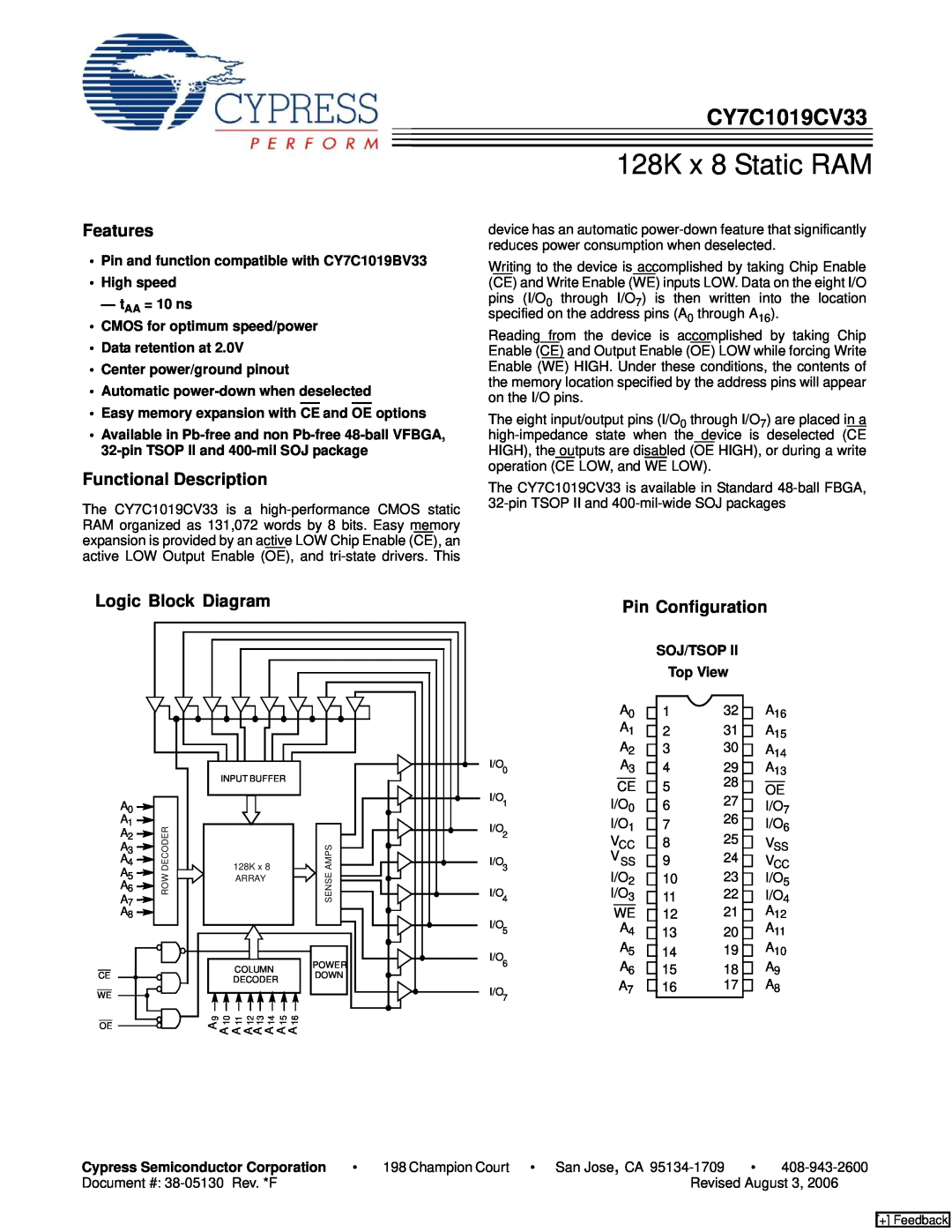 Cypress CY7C1019CV33 manual Features, Functional Description, Logic Block Diagram, Pin Configuration, SOJ/TSOP Top View 