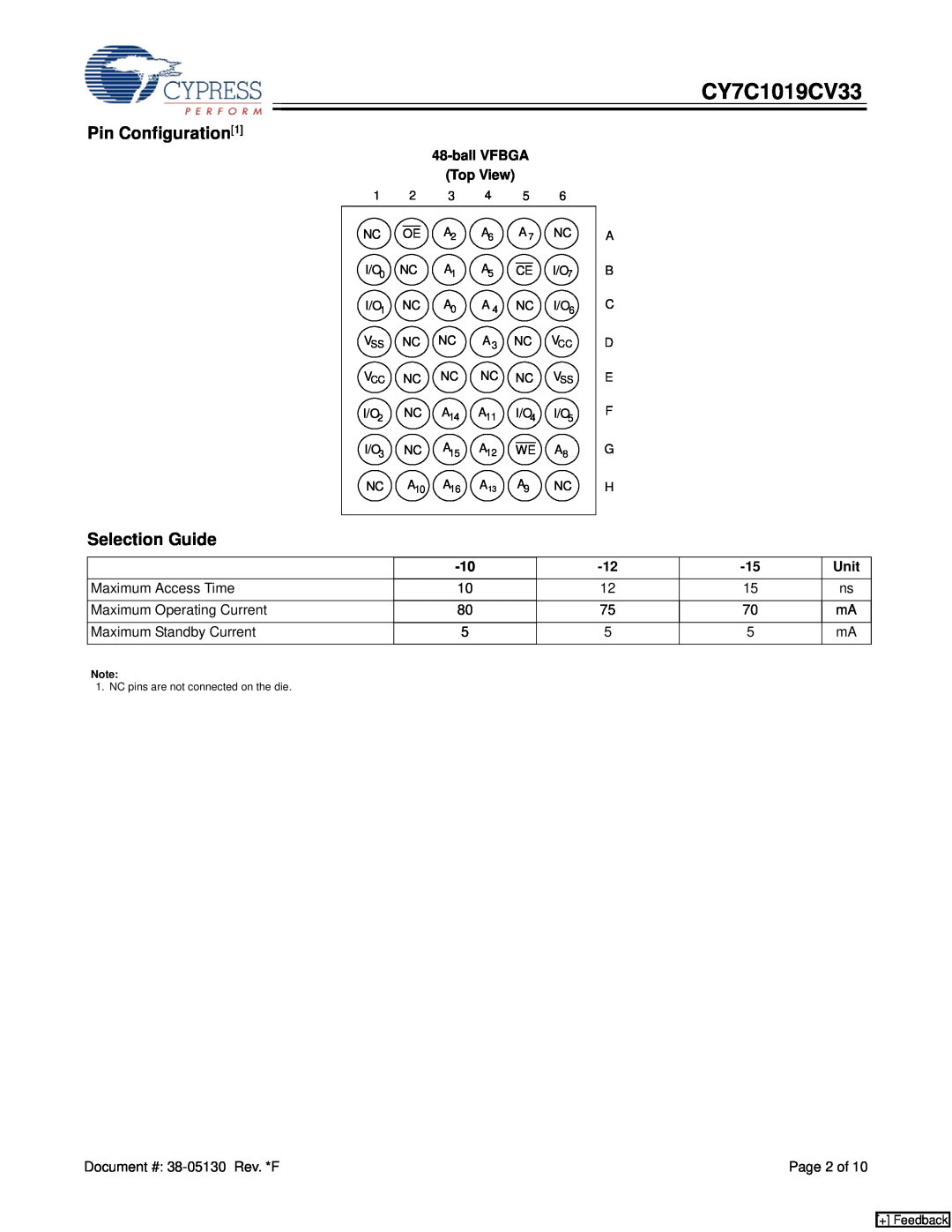 Cypress CY7C1019CV33 manual Pin Configuration1 Selection Guide, ball VFBGA Top View, Unit, + Feedback 