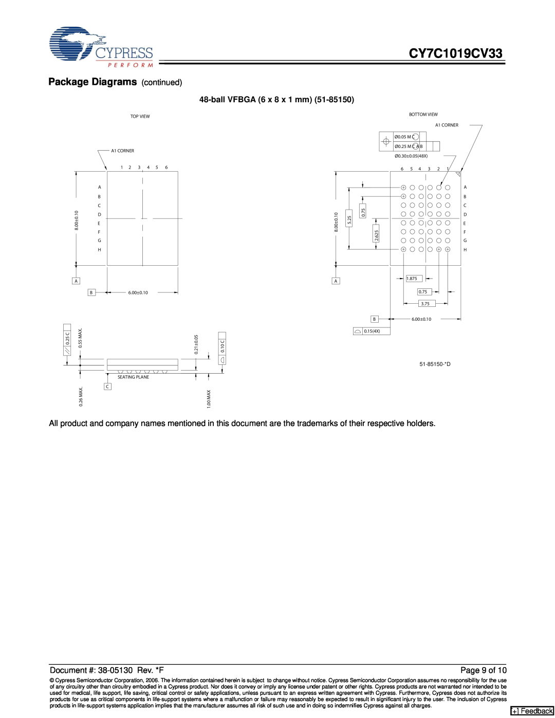Cypress CY7C1019CV33 manual ball VFBGA 6 x 8 x 1 mm, Package Diagrams continued, Page 9 of, + Feedback 