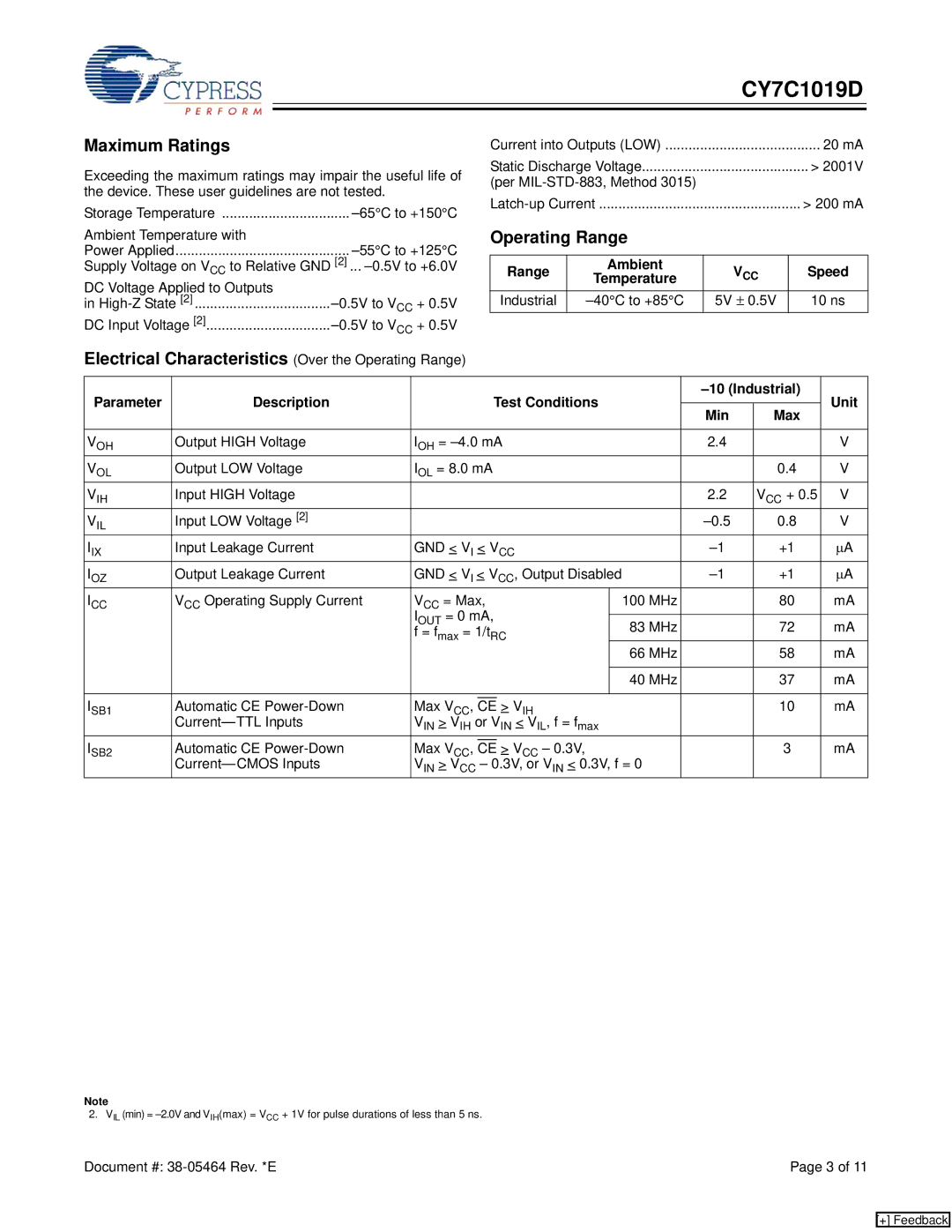 Cypress CY7C1019D manual Maximum Ratings, Electrical Characteristics Over the Operating Range, Range Ambient, Speed 