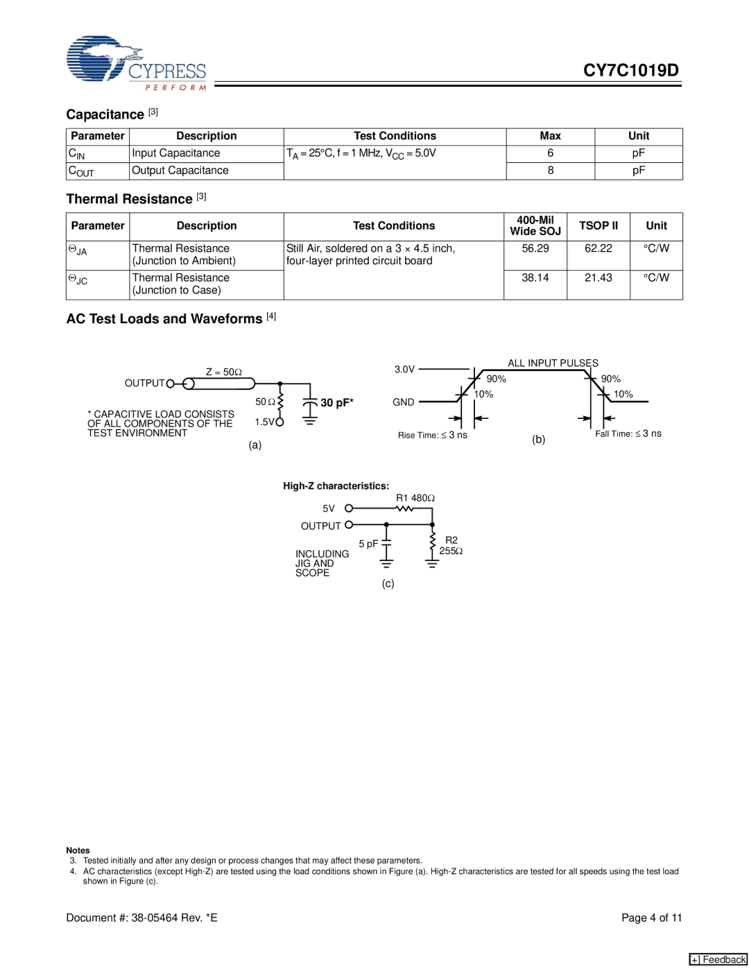 Cypress CY7C1019D manual Capacitance, Thermal Resistance, AC Test Loads and Waveforms 