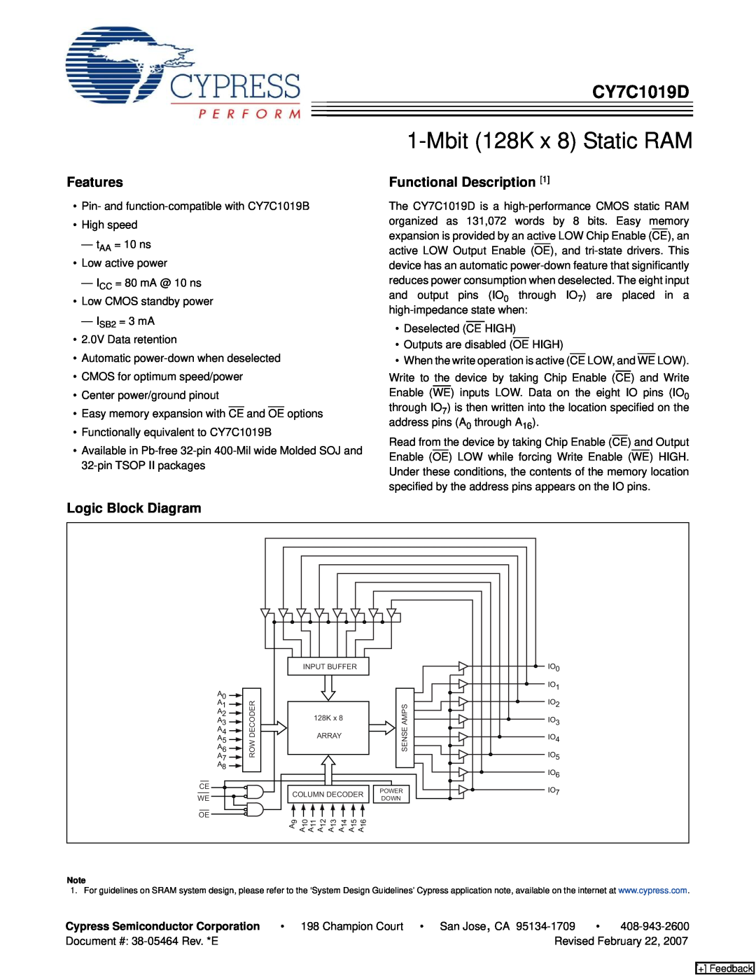 Cypress CY7C1019D manual Features, Functional Description, Logic Block Diagram, Cypress Semiconductor Corporation 