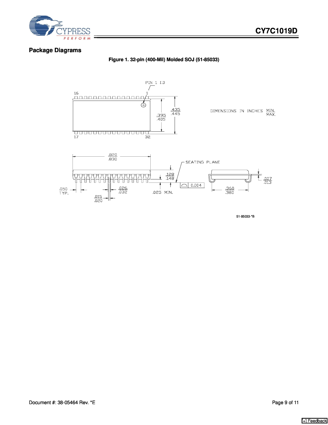 Cypress CY7C1019D manual Package Diagrams, 32-pin 400-Mil Molded SOJ, + Feedback 