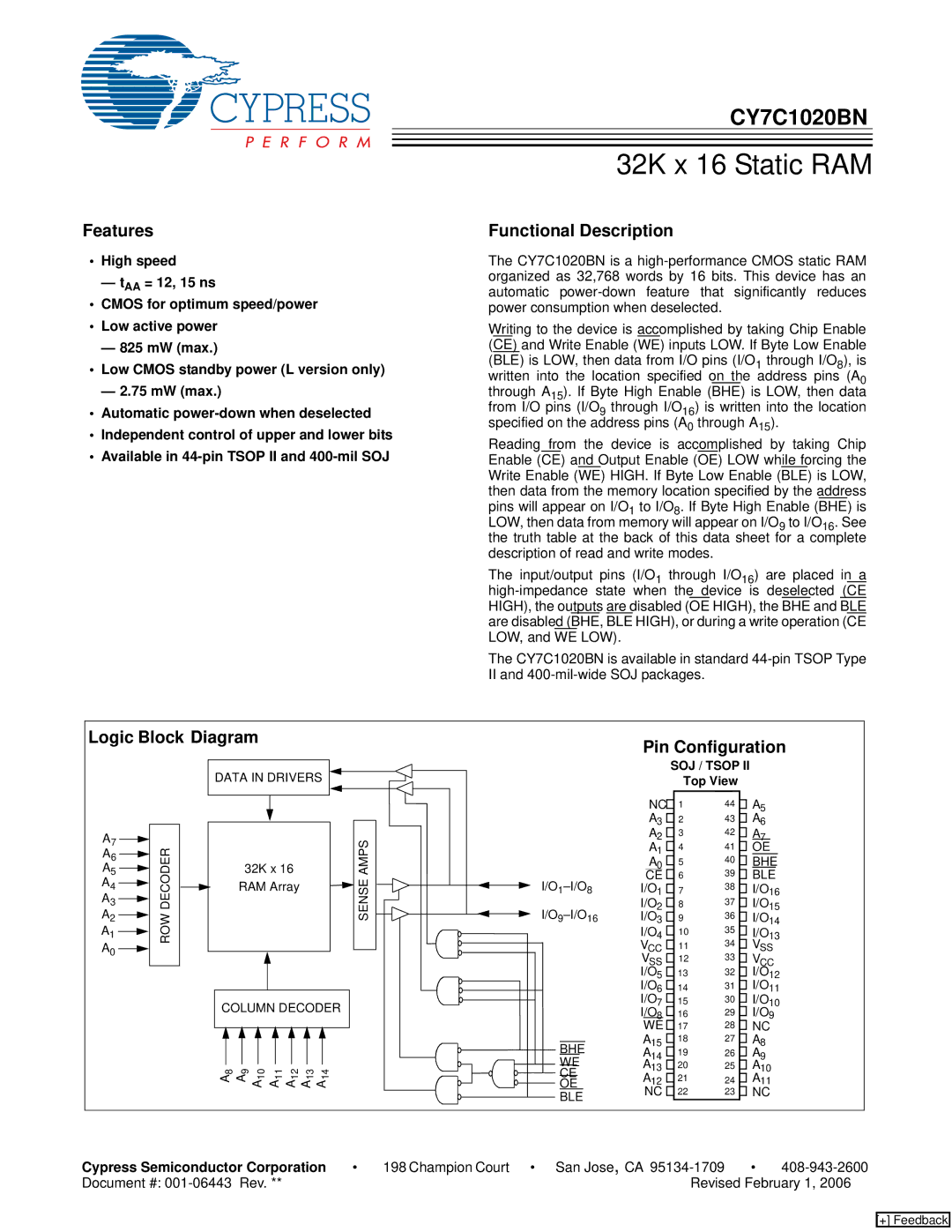 Cypress CY7C1020BN manual Features, Functional Description, Logic Block Diagram Pin Configuration 