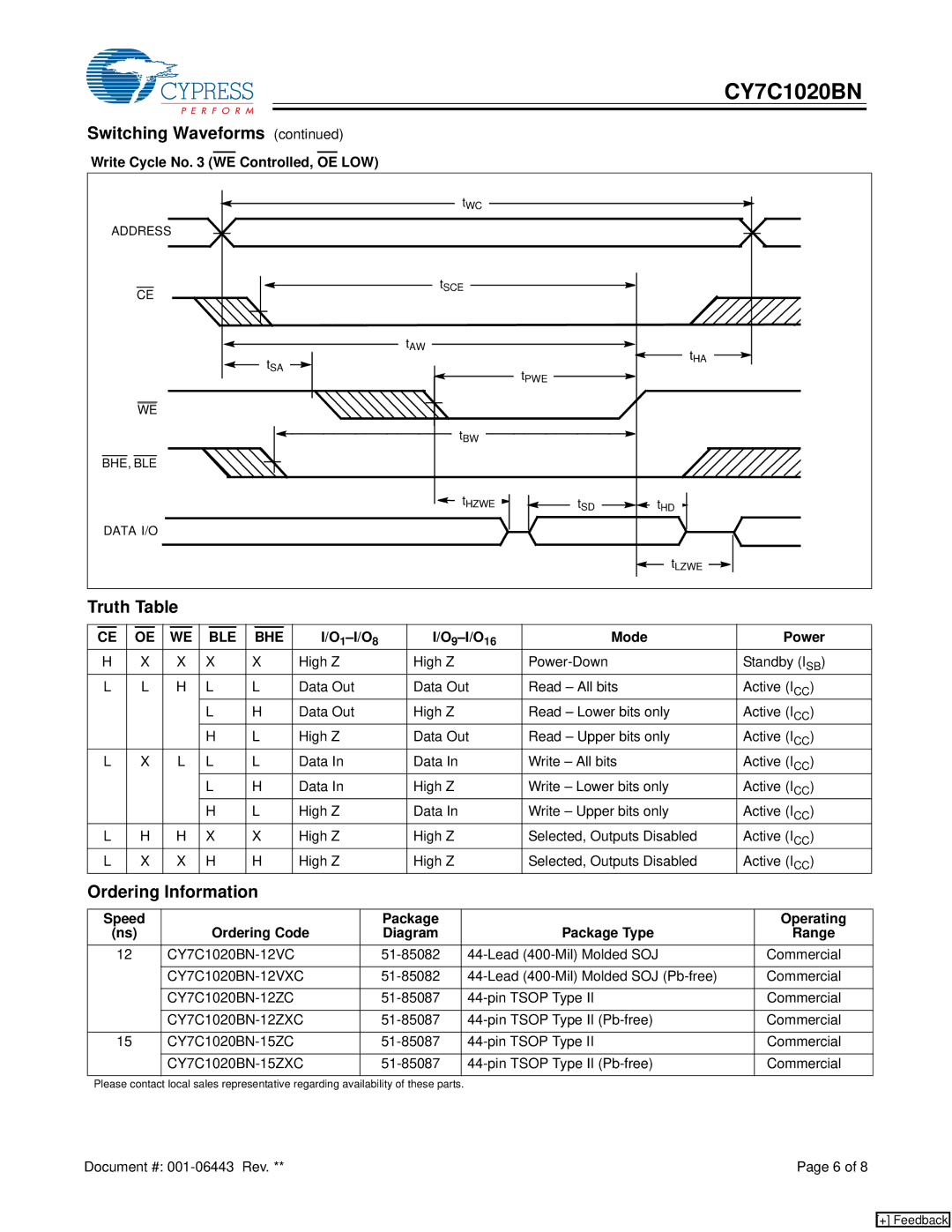 Cypress CY7C1020BN manual Truth Table, Ordering Information, Write Cycle No WE Controlled, OE LOW, 1-I/O 9-I/O Mode Power 