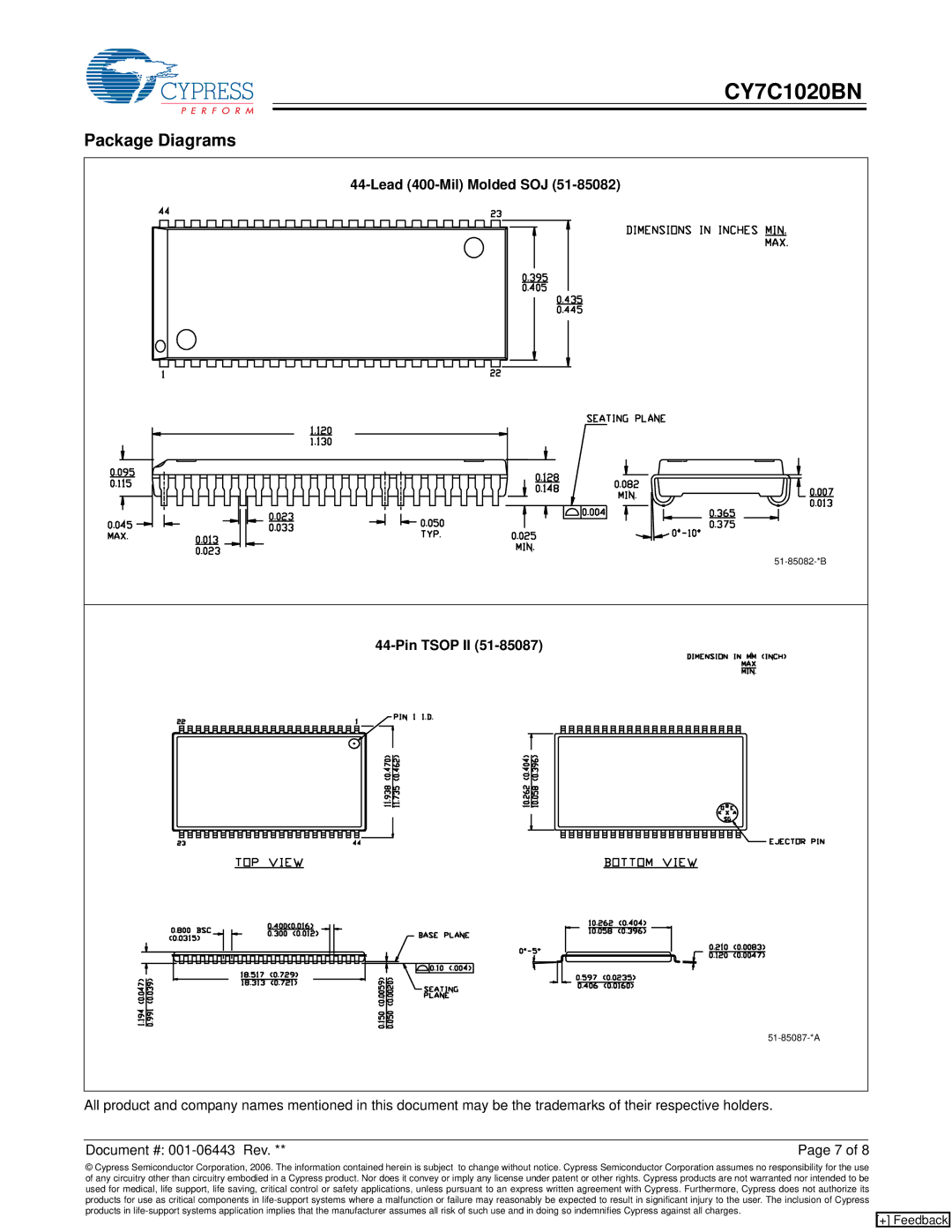 Cypress CY7C1020BN manual Package Diagrams, Lead 400-Mil Molded SOJ, Pin Tsop II 