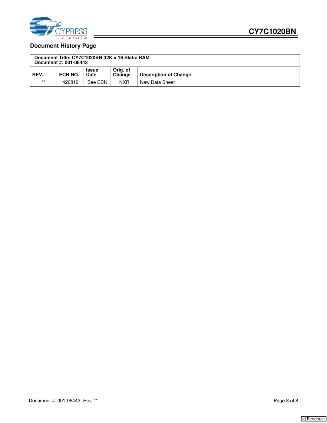 Cypress manual Document History, Document Title CY7C1020BN 32K x 16 Static RAM Document #, New Data Sheet 