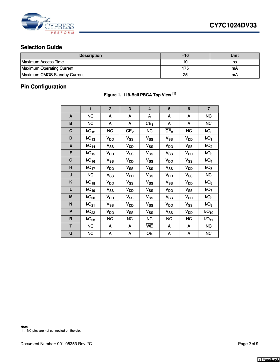 Cypress CY7C1024DV33 manual Selection Guide, Pin Configuration, Description, Unit, 119-Ball PBGA Top View 