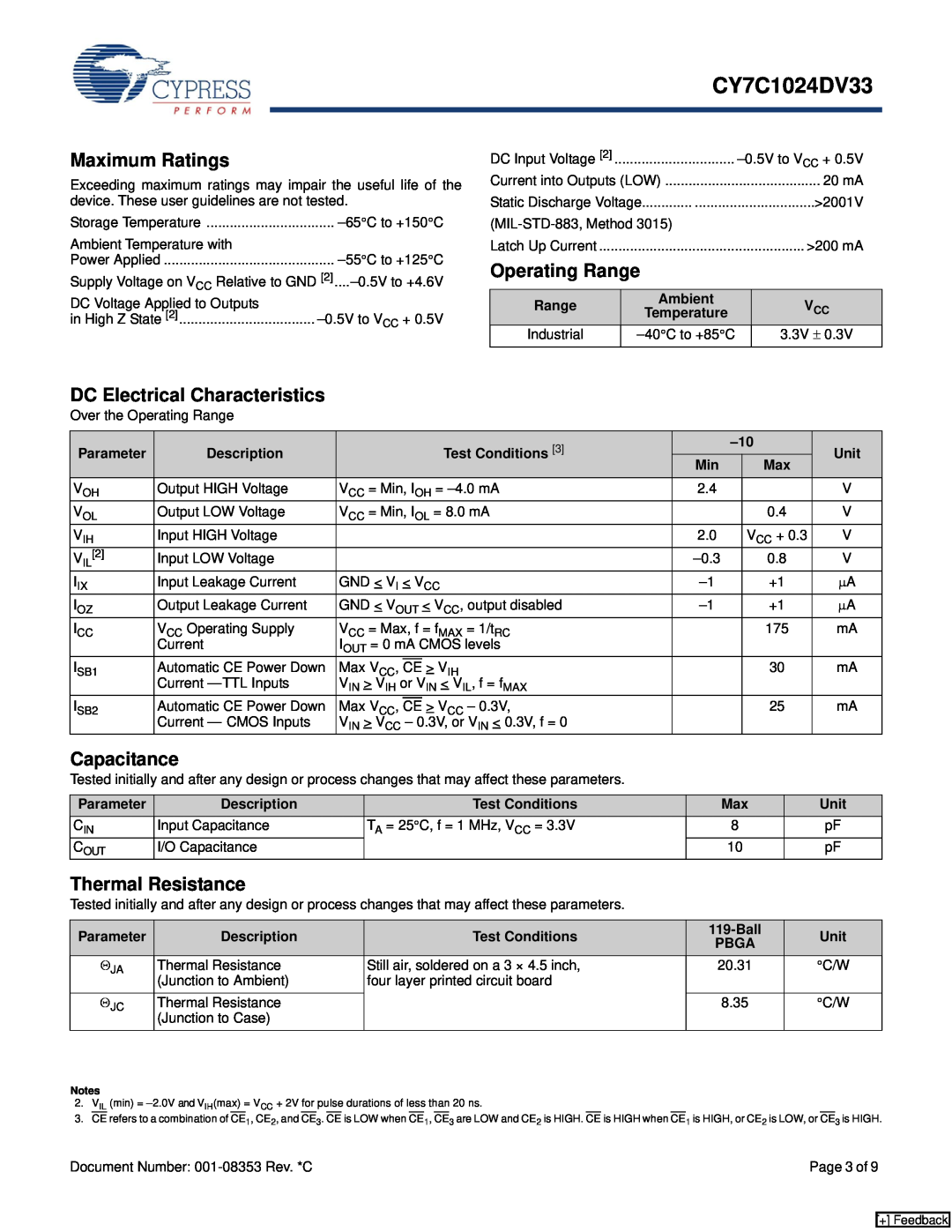 Cypress CY7C1024DV33 Maximum Ratings, Operating Range, DC Electrical Characteristics, Capacitance, Thermal Resistance 