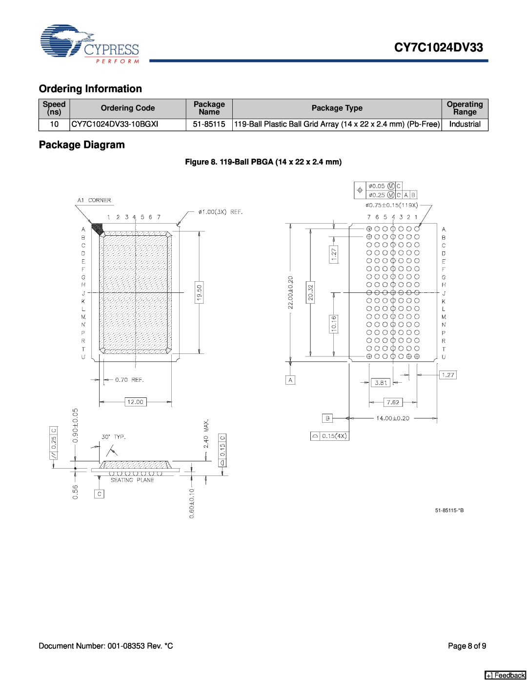 Cypress CY7C1024DV33 Ordering Information, Package Diagram, Speed, Ordering Code, Package Type, Operating, Range, Name 