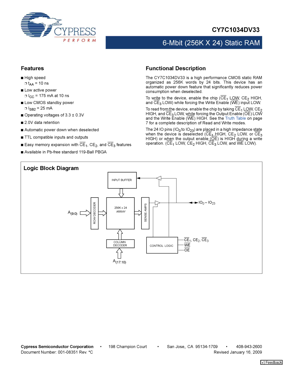 Cypress CY7C1034DV33 manual Features, Functional Description, Logic Block Diagram 