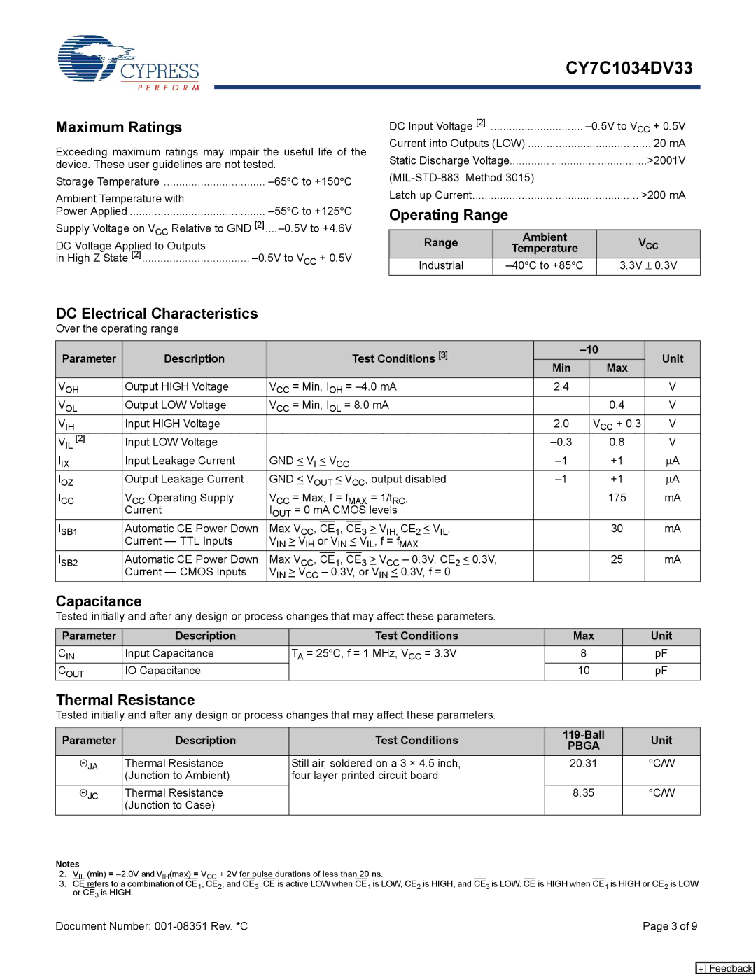 Cypress CY7C1034DV33 Maximum Ratings, Operating Range, DC Electrical Characteristics, Capacitance, Thermal Resistance 