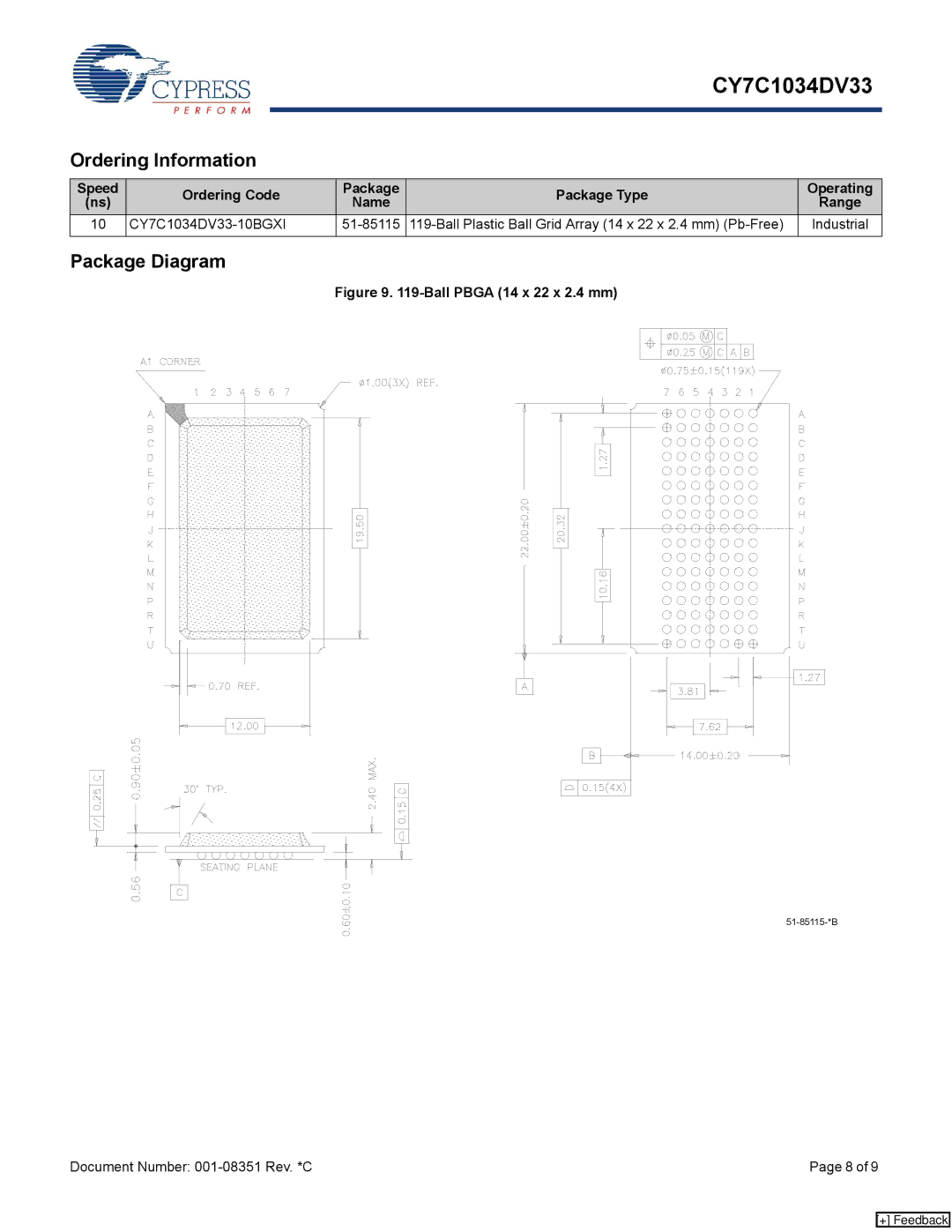 Cypress CY7C1034DV33 manual Ordering Information, Package Diagram 