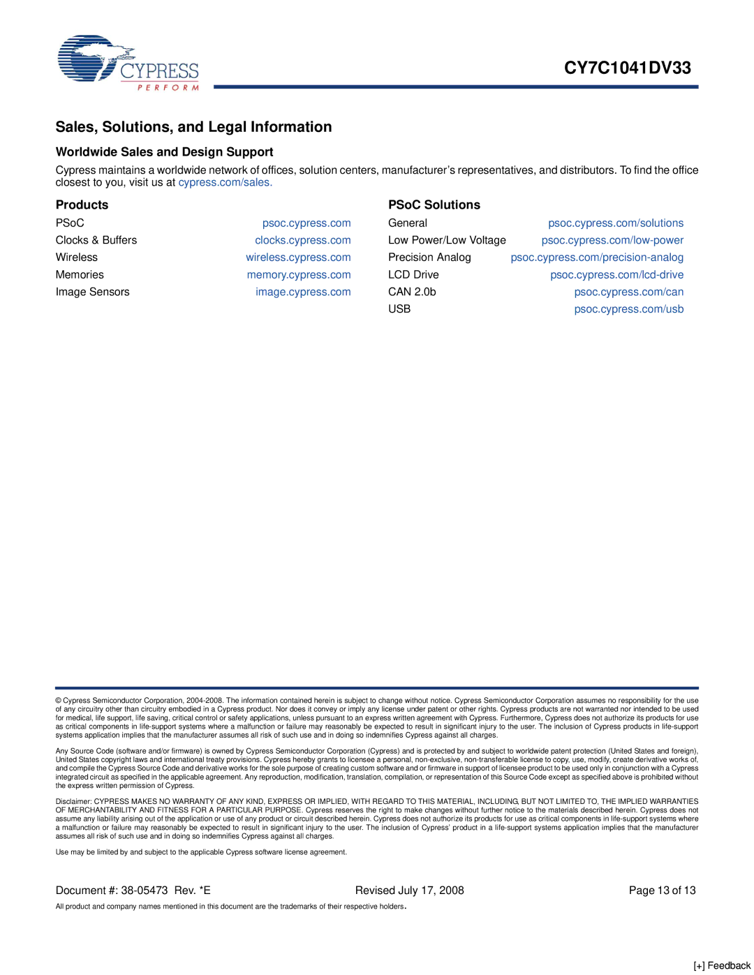 Cypress CY7C1041DV33 manual Sales, Solutions, and Legal Information, Usb 