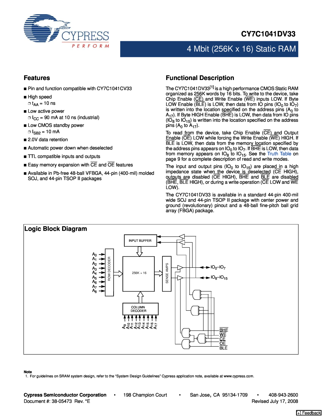 Cypress CY7C1041DV33 manual Features, Functional Description, Logic Block Diagram, Mbit 256K x 16 Static RAM 