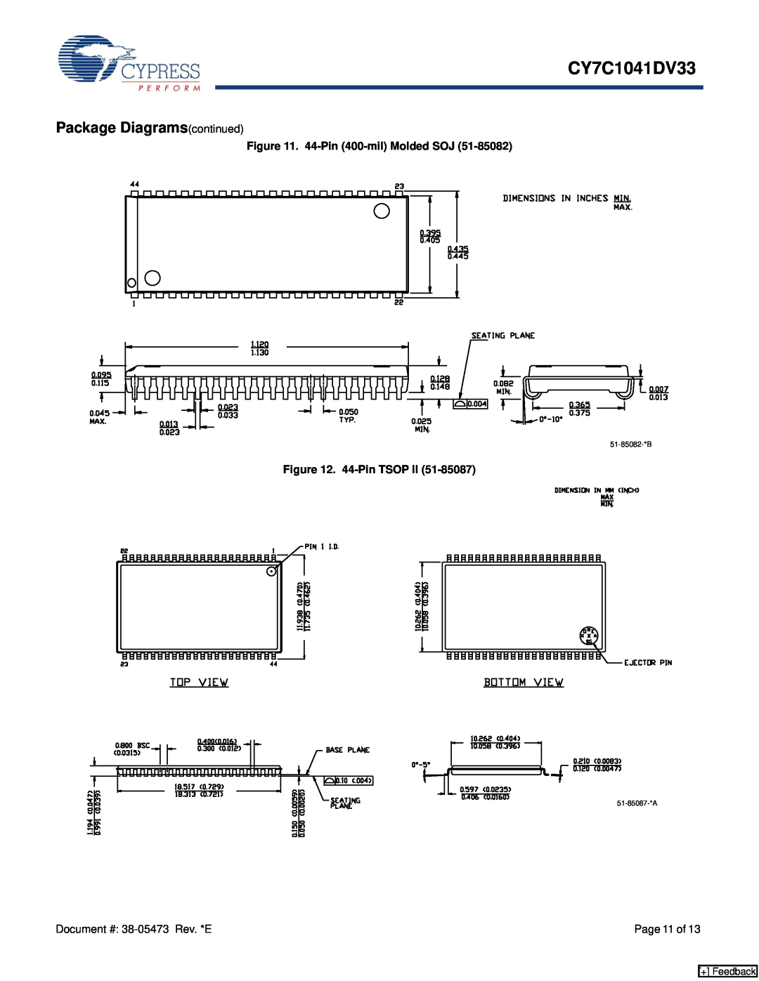 Cypress CY7C1041DV33 manual Package Diagramscontinued, 44-Pin 400-mil Molded SOJ, 44-Pin TSOP II, + Feedback 