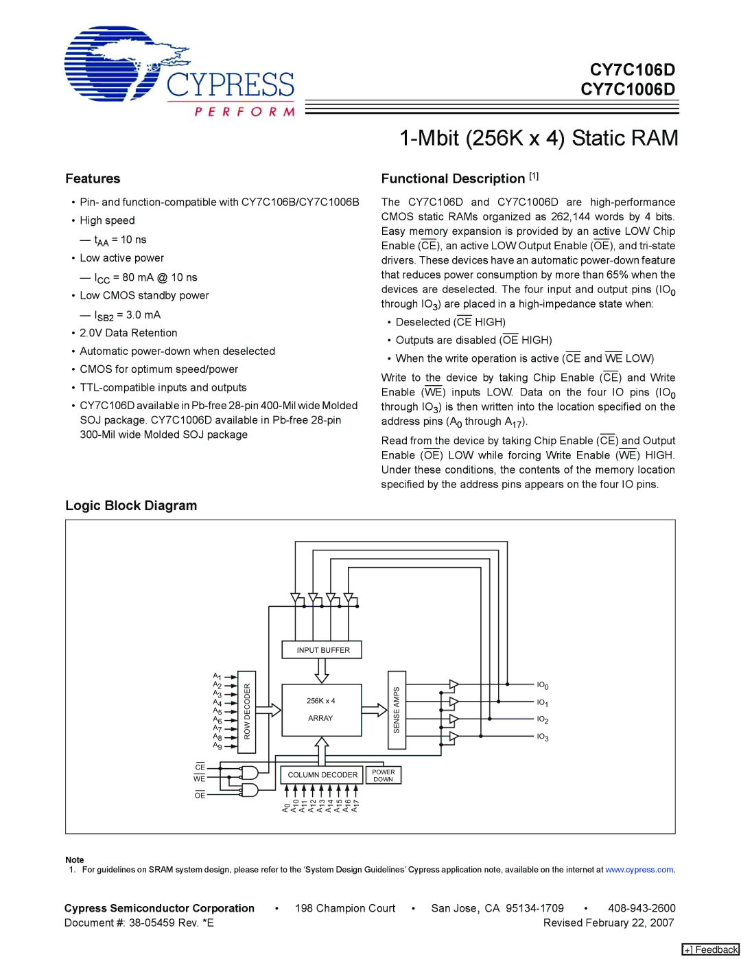 Cypress CY7C1006D manual Features, Functional Description, Logic Block Diagram, Cypress Semiconductor Corporation 