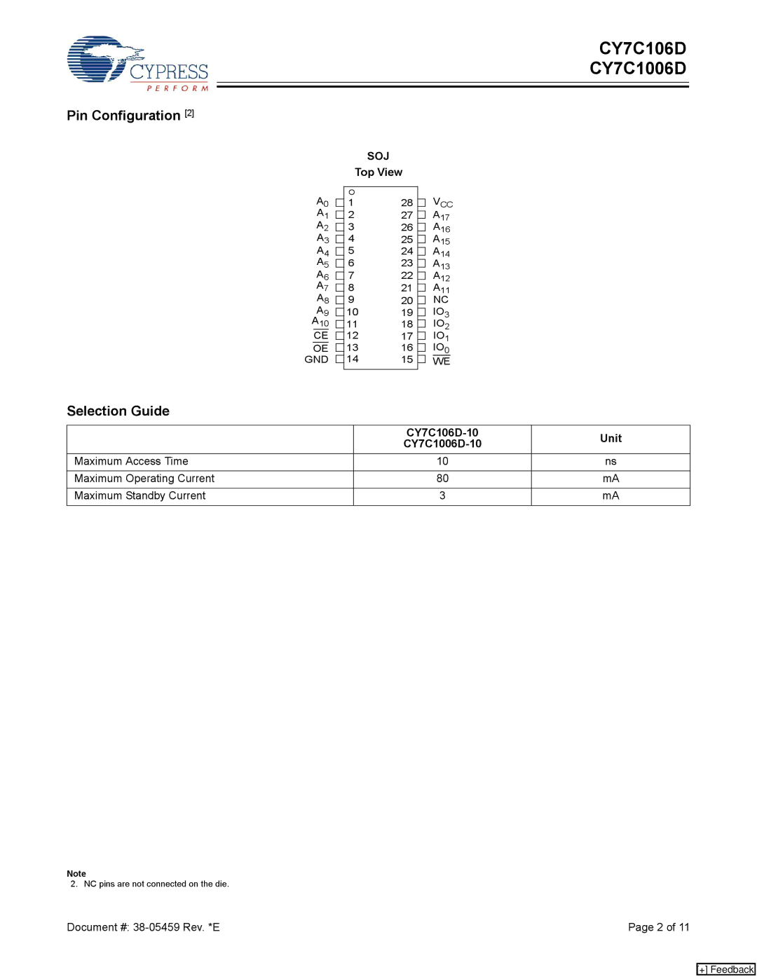 Cypress manual Pin Configuration, Selection Guide, Top View, CY7C106D-10 Unit CY7C1006D-10 