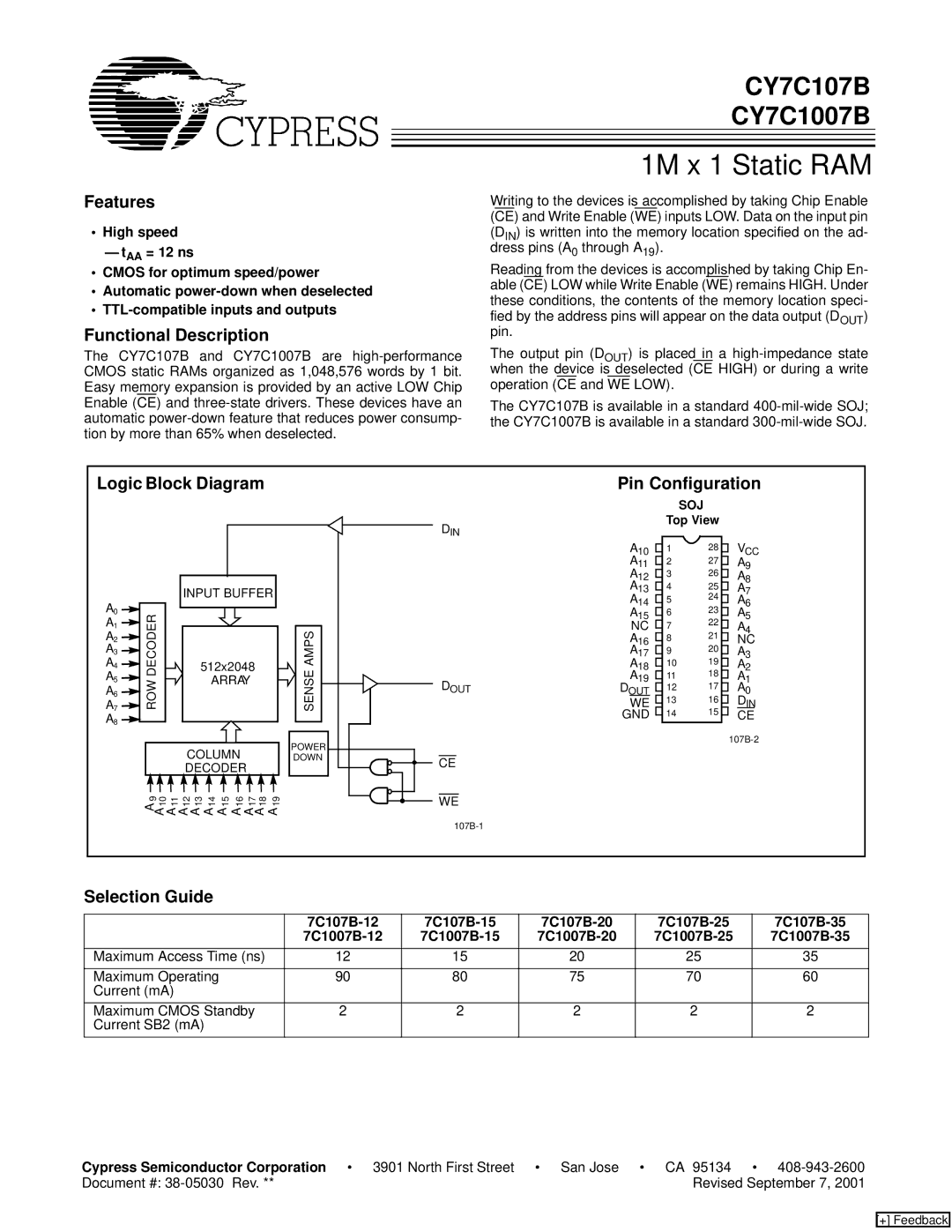 Cypress CY7C1007B manual Features, Functional Description, Logic Block Diagram Pin Configuration, Selection Guide 