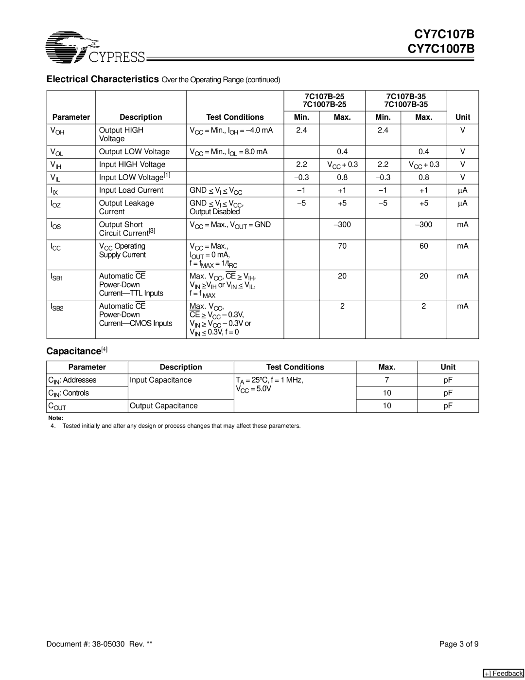 Cypress CY7C1007B, CY7C107B manual Capacitance4, 7C107B-25 7C107B-35, Parameter Description Test Conditions Min Max 