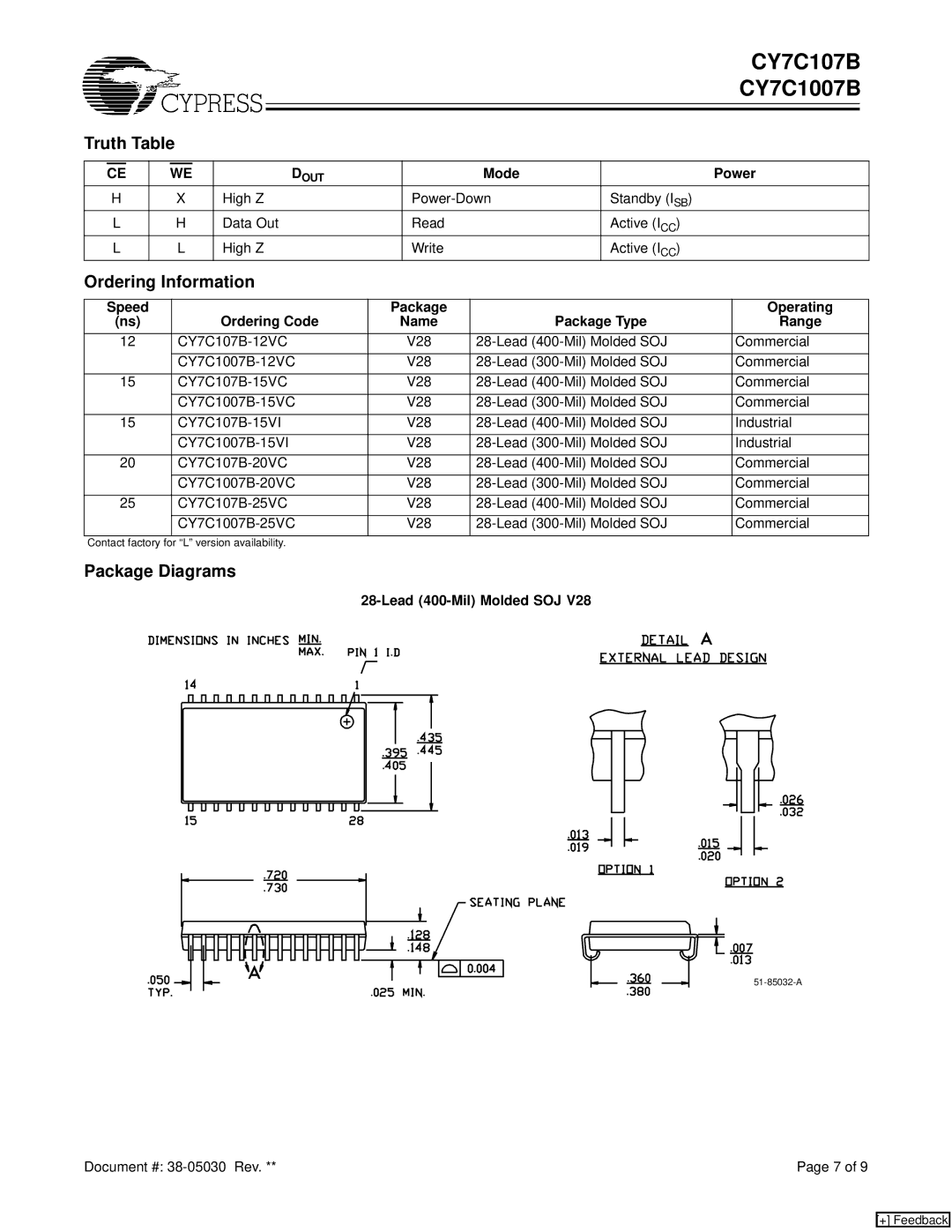 Cypress CY7C1007B, CY7C107B manual Truth Table, Ordering Information, Package Diagrams 