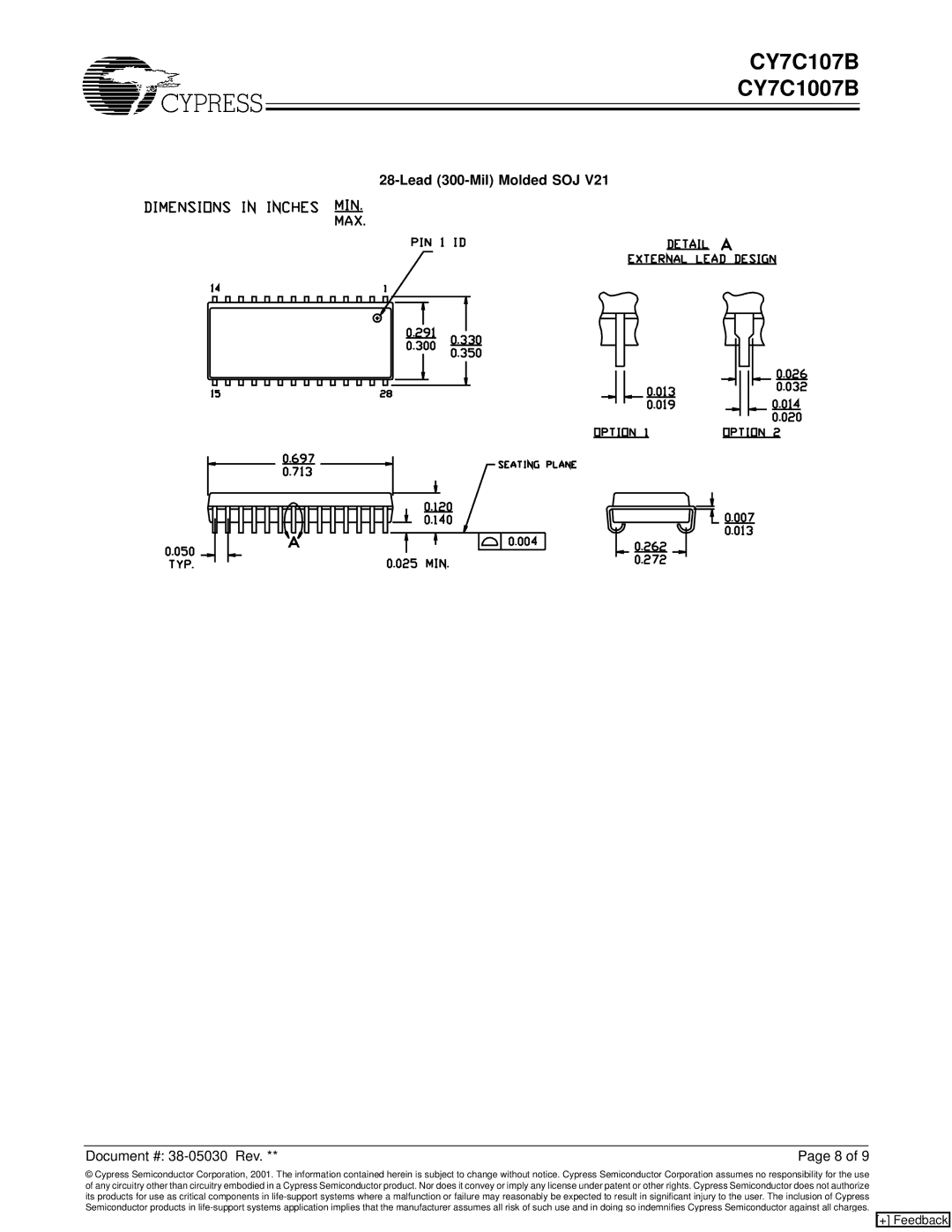 Cypress CY7C107B, CY7C1007B manual Lead 300-Mil Molded SOJ 