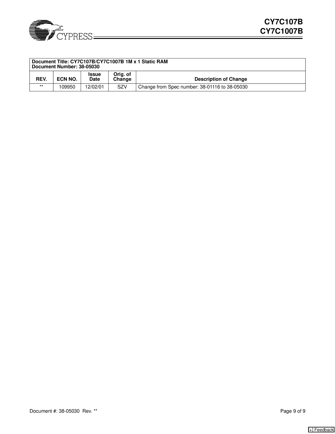 Cypress CY7C1007B, CY7C107B manual REV ECN no, Change Description of Change 