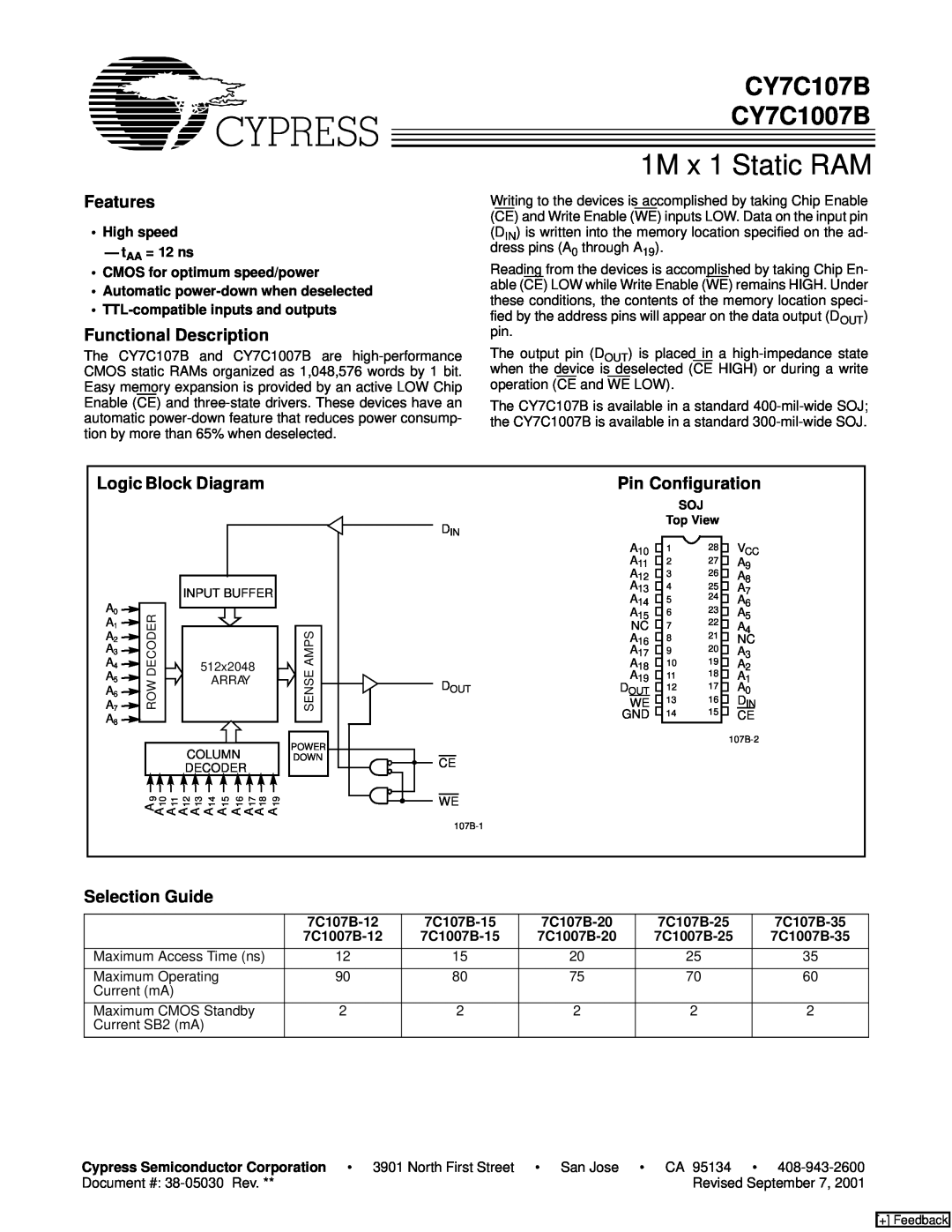 Cypress CY7C1007B manual Features, Functional Description, Logic Block Diagram, Pin Configuration, Selection Guide 