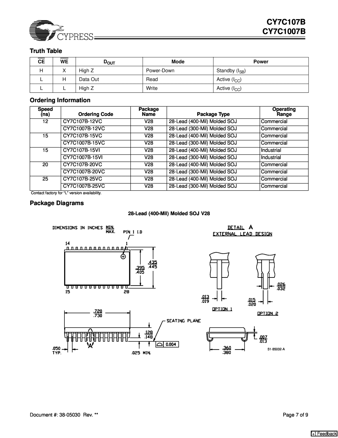 Cypress CY7C1007B manual CY7C107B, Truth Table, Ordering Information, Package Diagrams 