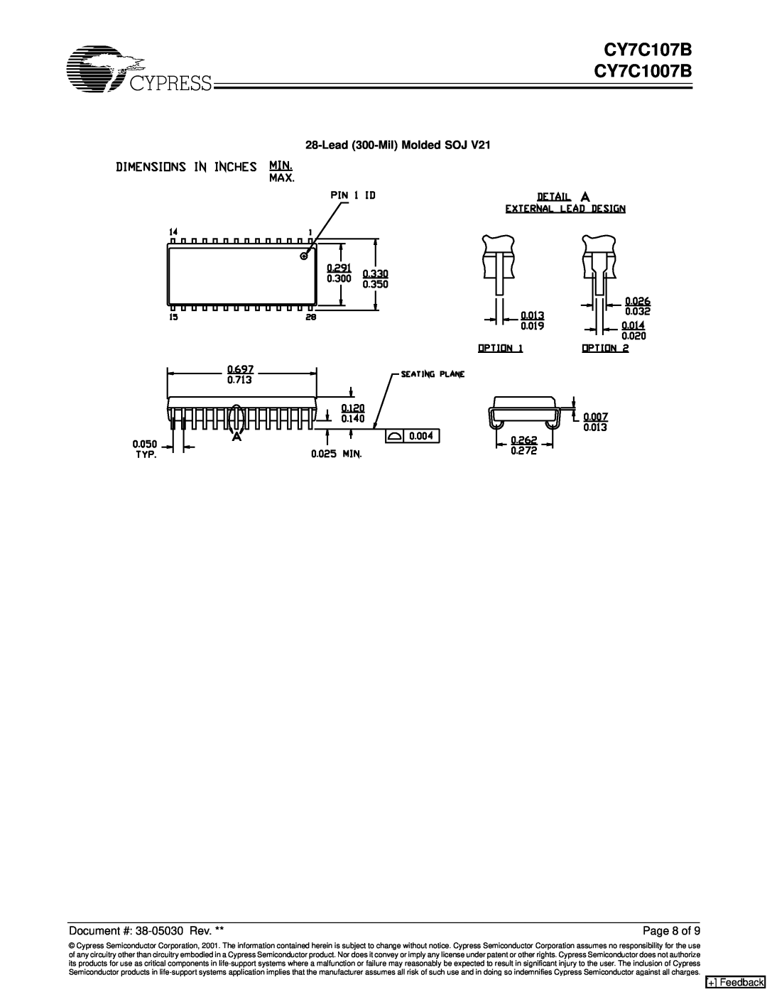 Cypress manual CY7C107B CY7C1007B, Lead 300-Mil Molded SOJ, Page 8 of, + Feedback 