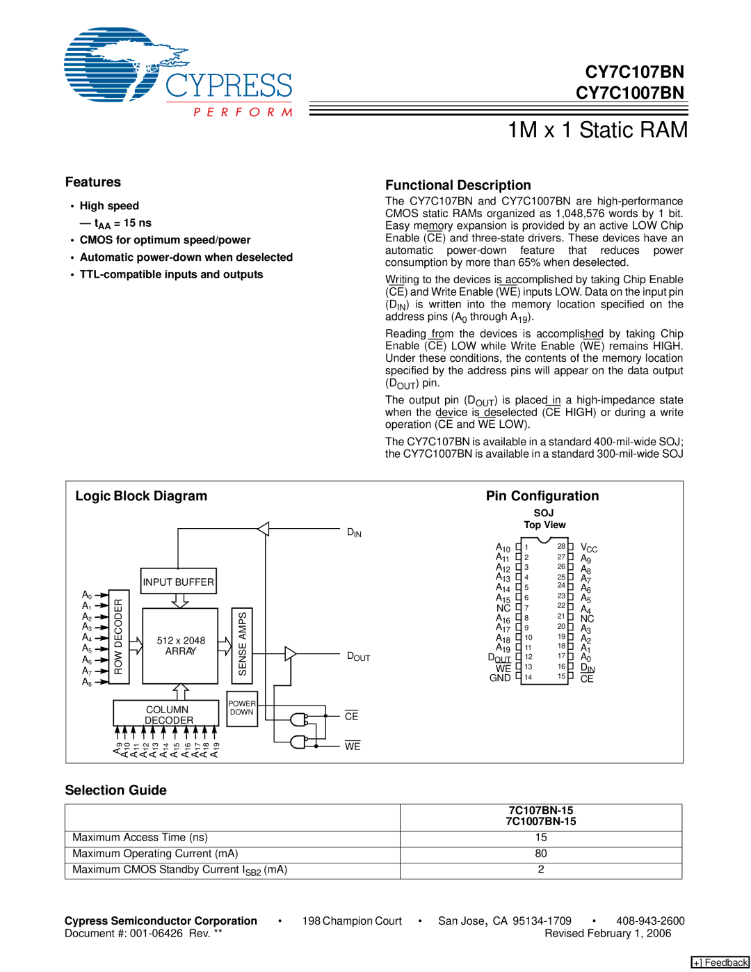 Cypress CY7C1007BN manual Features, Functional Description, Logic Block Diagram, Pin Configuration, Selection Guide 