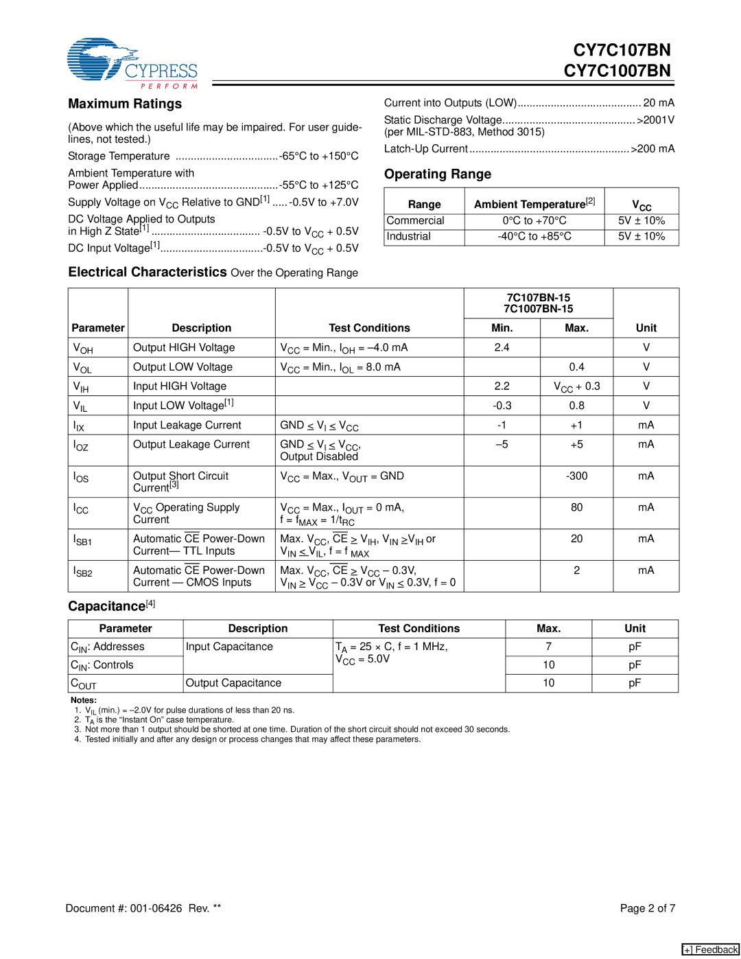 Cypress CY7C107BN, CY7C1007BN manual Maximum Ratings, Electrical Characteristics Over the Operating Range, Capacitance4 