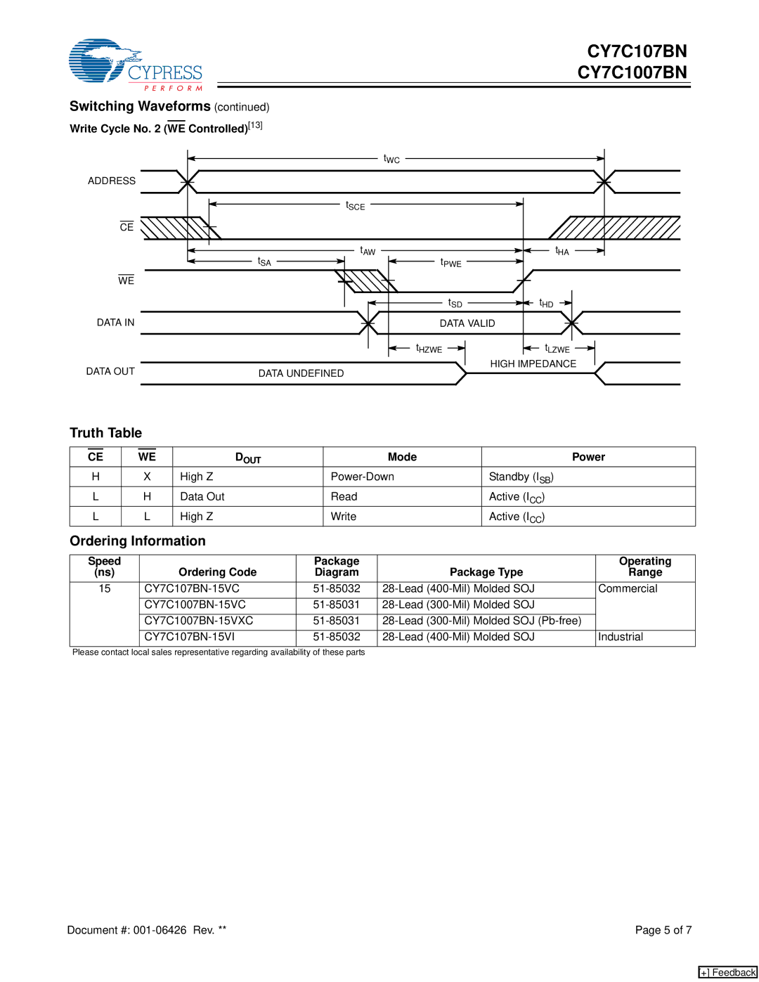 Cypress CY7C1007BN, CY7C107BN manual Truth Table, Ordering Information, Write Cycle No WE Controlled13, Mode Power 