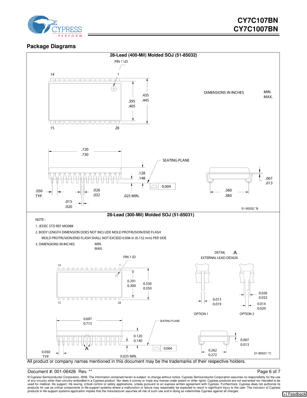 Cypress CY7C107BN, CY7C1007BN manual Package Diagrams, Lead 400-Mil Molded SOJ, Lead 300-Mil Molded SOJ 