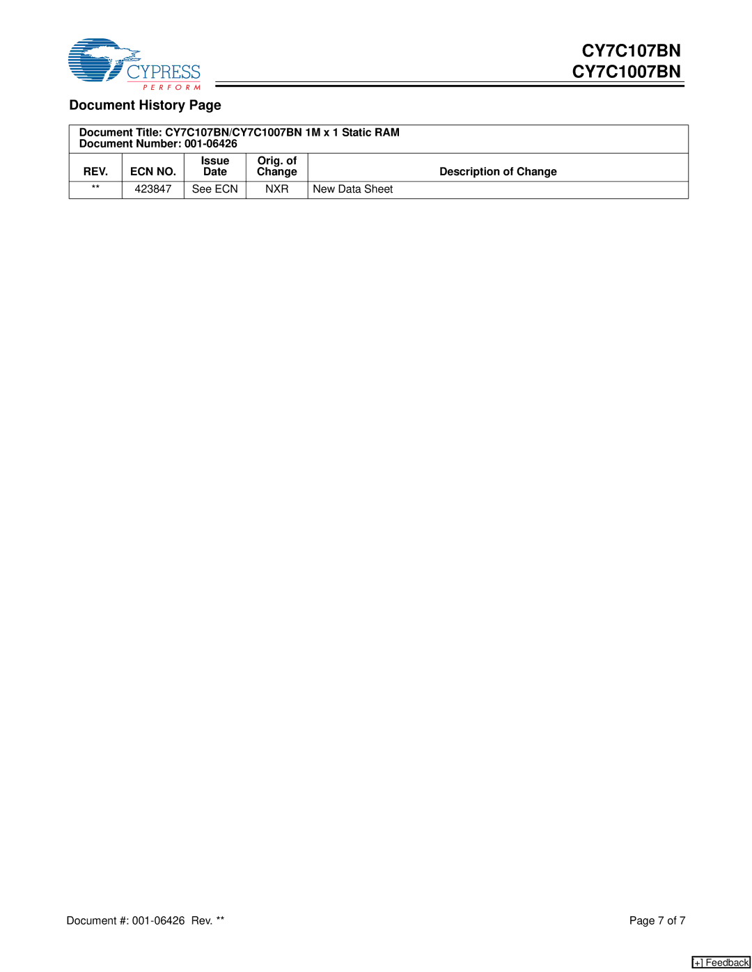 Cypress CY7C1007BN, CY7C107BN manual Document History, Issue Orig. Description of Change Date 423847, New Data Sheet 